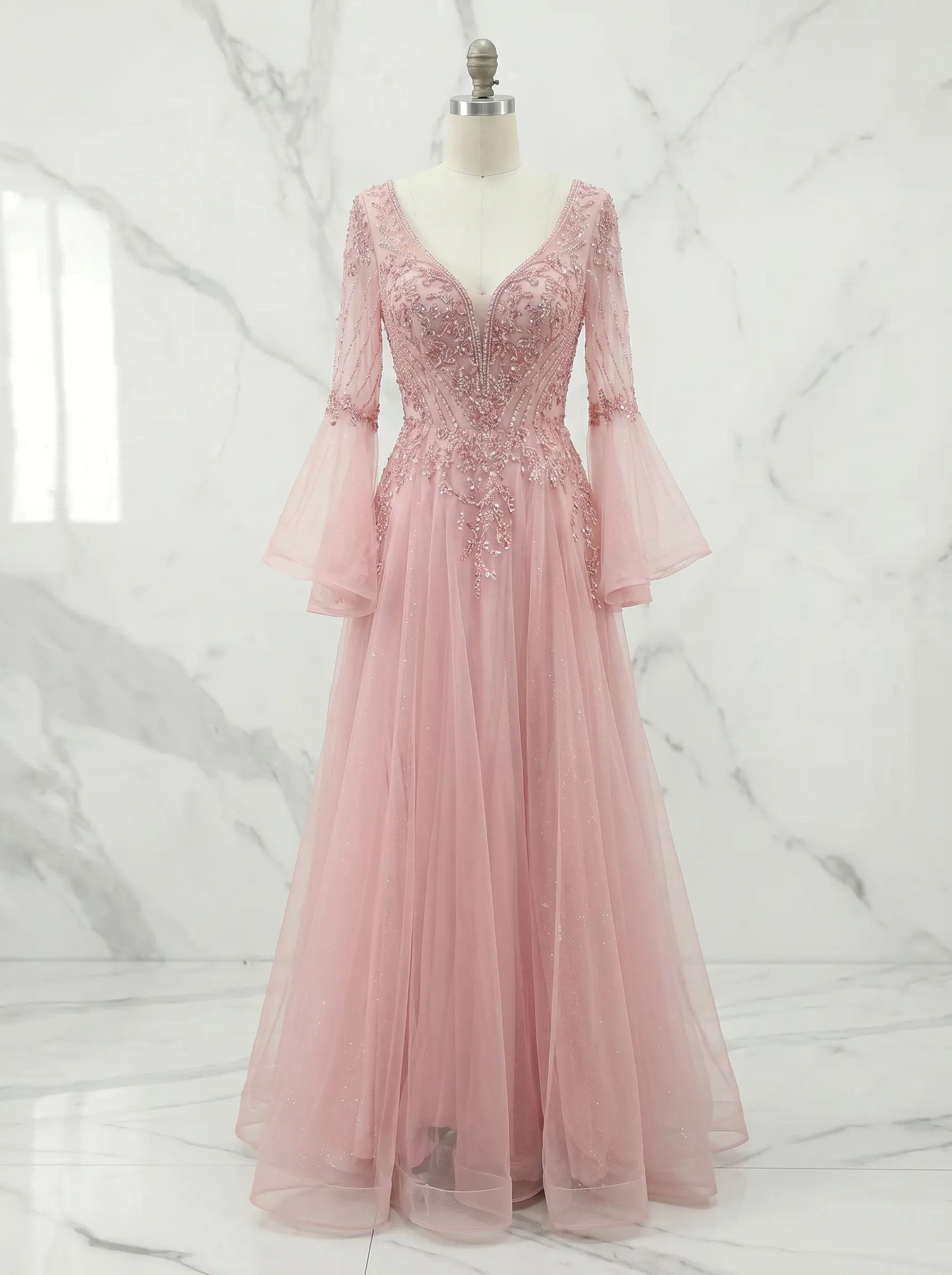 V-Neck Beaded Lace Bell Sleeve Tulle A-Line Prom Gown