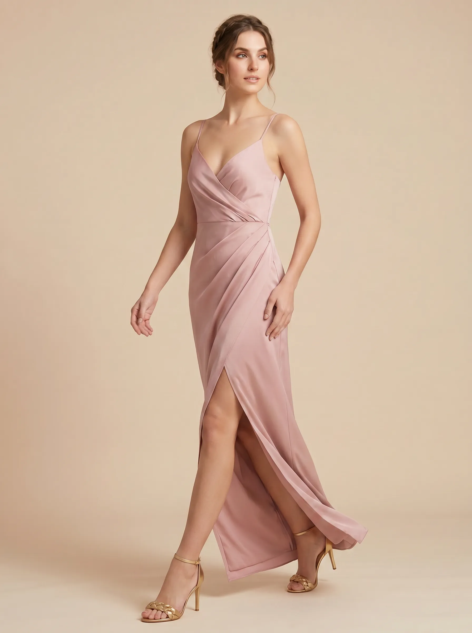 Dusty Rose Spaghetti Strap V-Neck Satin Bridesmaid Dress with Wrap Draping & Slit
