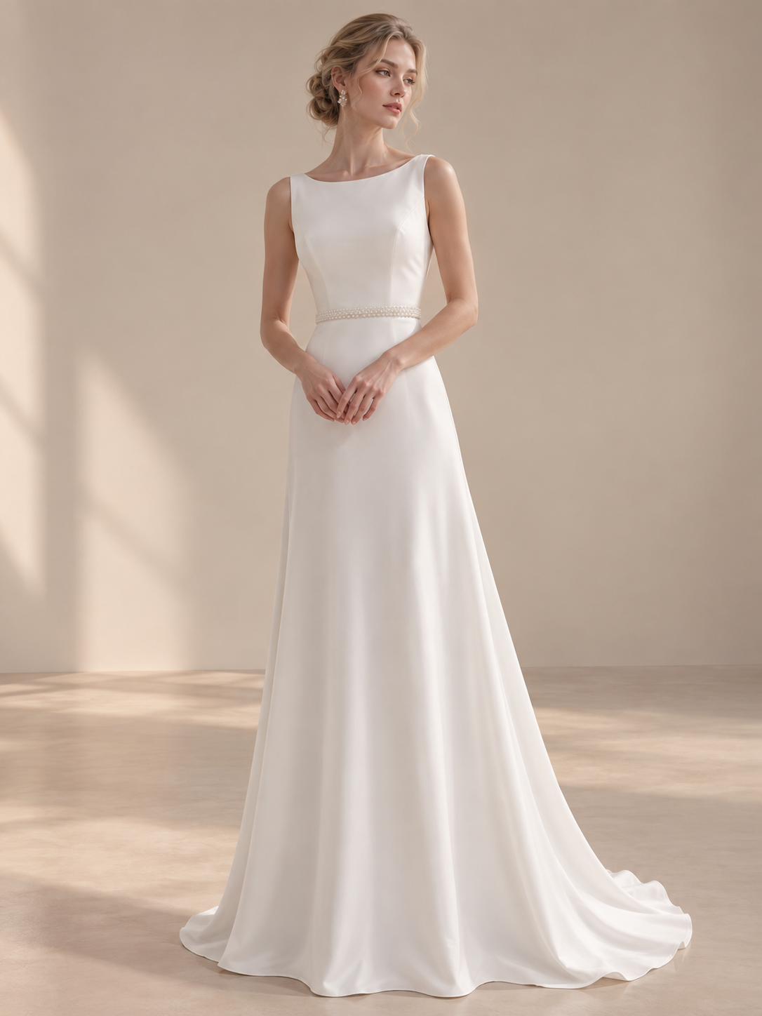 Luminous Ivory Beaded-Trim Sleeveless A-Line Wedding Dress 