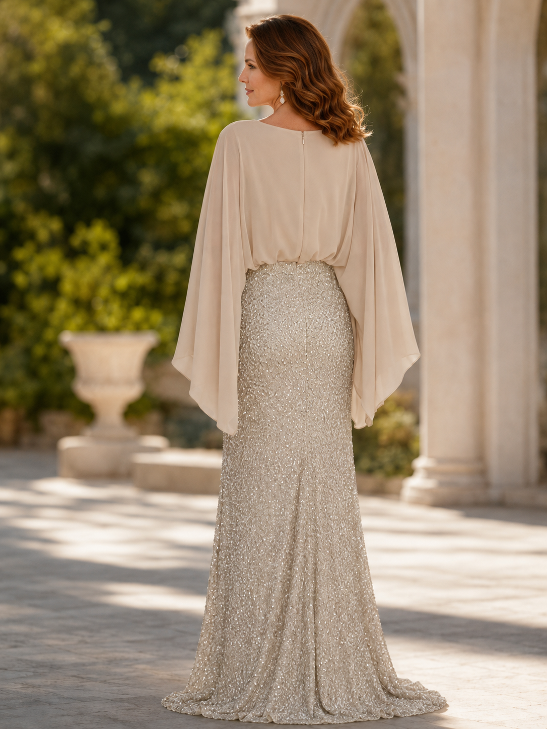Champagne V-Neck Chiffon Sequin Sheath Maxi Mother of the Bride & Groom Dresses