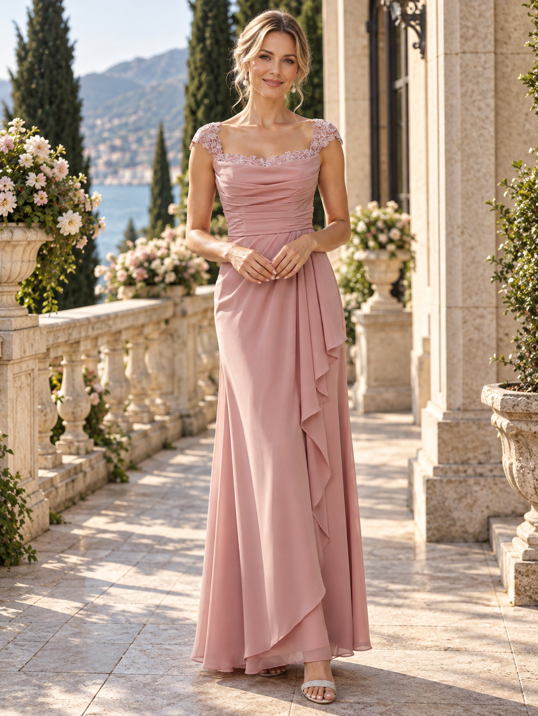 Dusty Rose Draped Chiffon Short Sleeve Sheath Mother of the Bride & Groom Dresses 