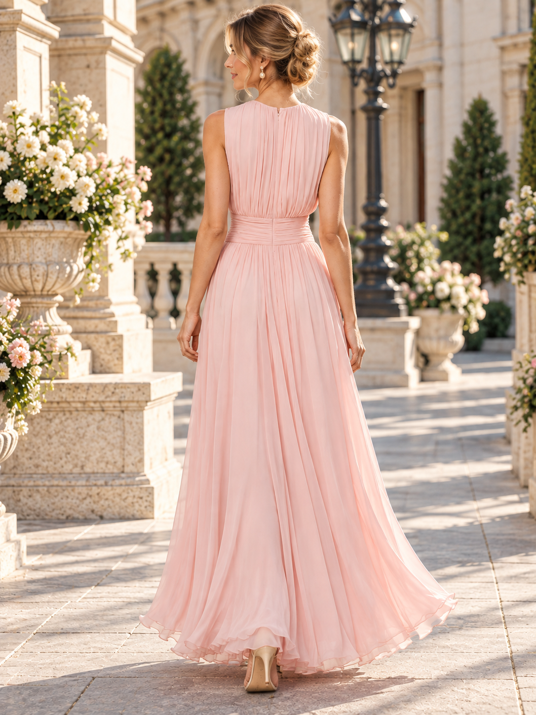 Light Pink Pleated Chiffon Crew Neck Sleeveless Maxi Evening Gown Dress 