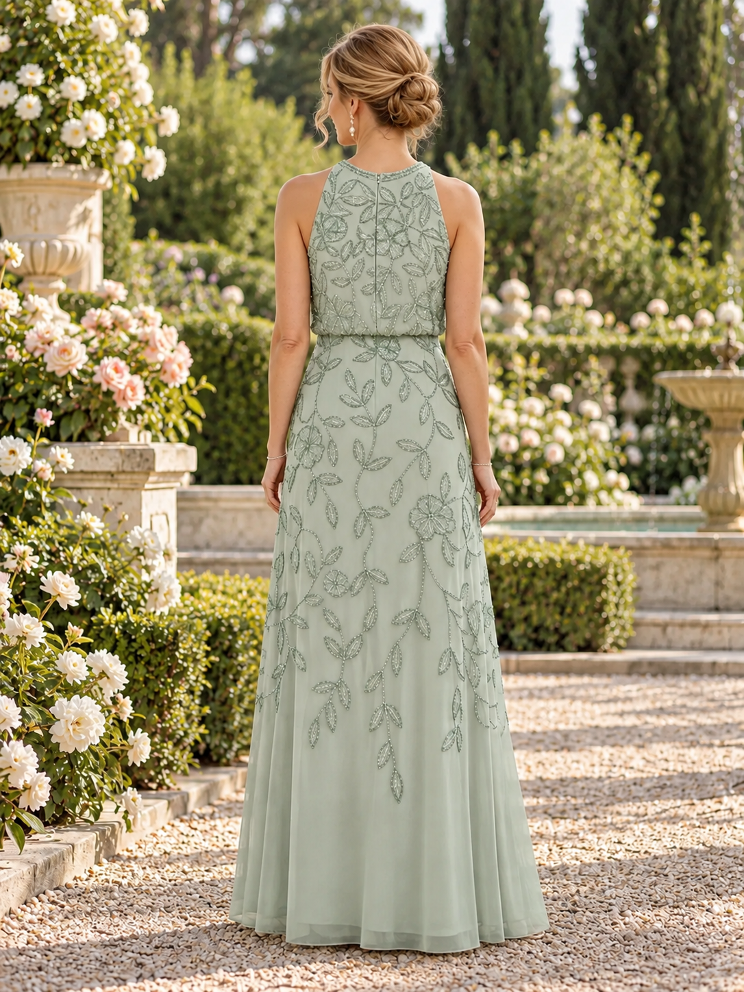 Sage Green Beaded Halter Sleeveless Sheath Mother of the Bride & Groom Dresses 