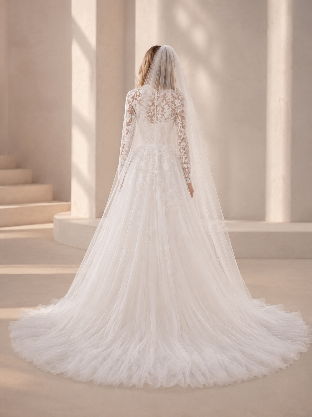 White High-Neck Long-Sleeve Lace Appliqué A-Line Maxi Wedding Dress 