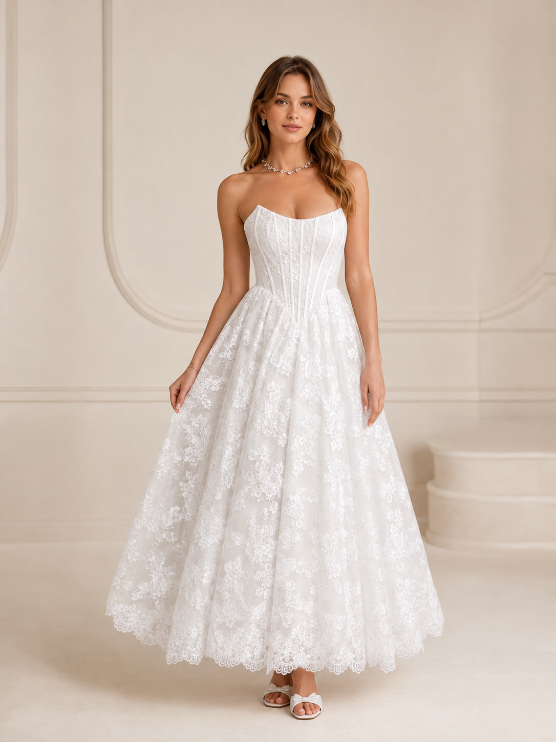 White Ball-Gown Strapless Lace Corset A-Line Wedding Dress 