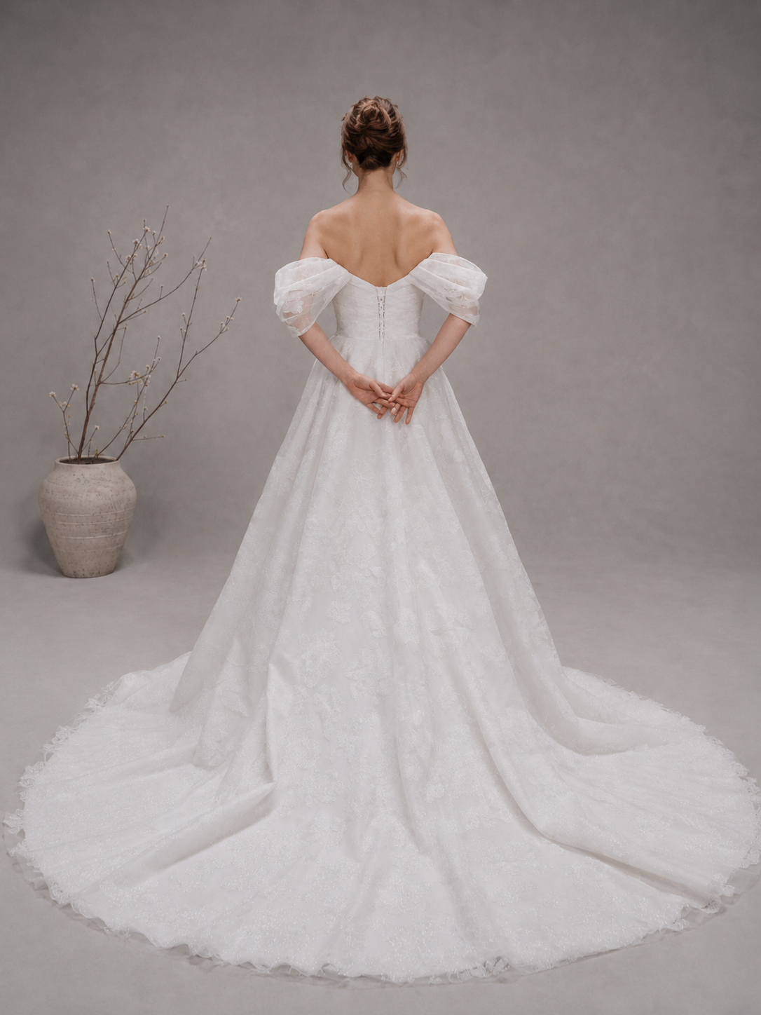 White Off-the-Shoulder Glitter Floral Front Slit A-Line Maxi Wedding Dress 