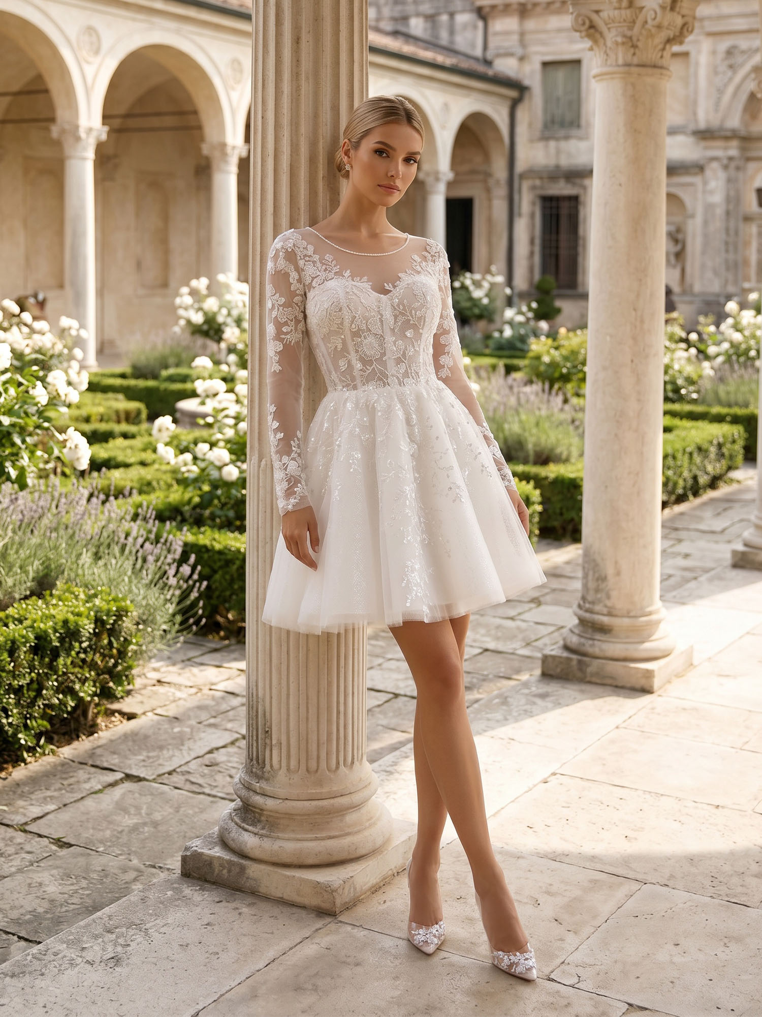 Enchanting Ivory Lace Illusion Corset Tulle Mini Wedding Dress 