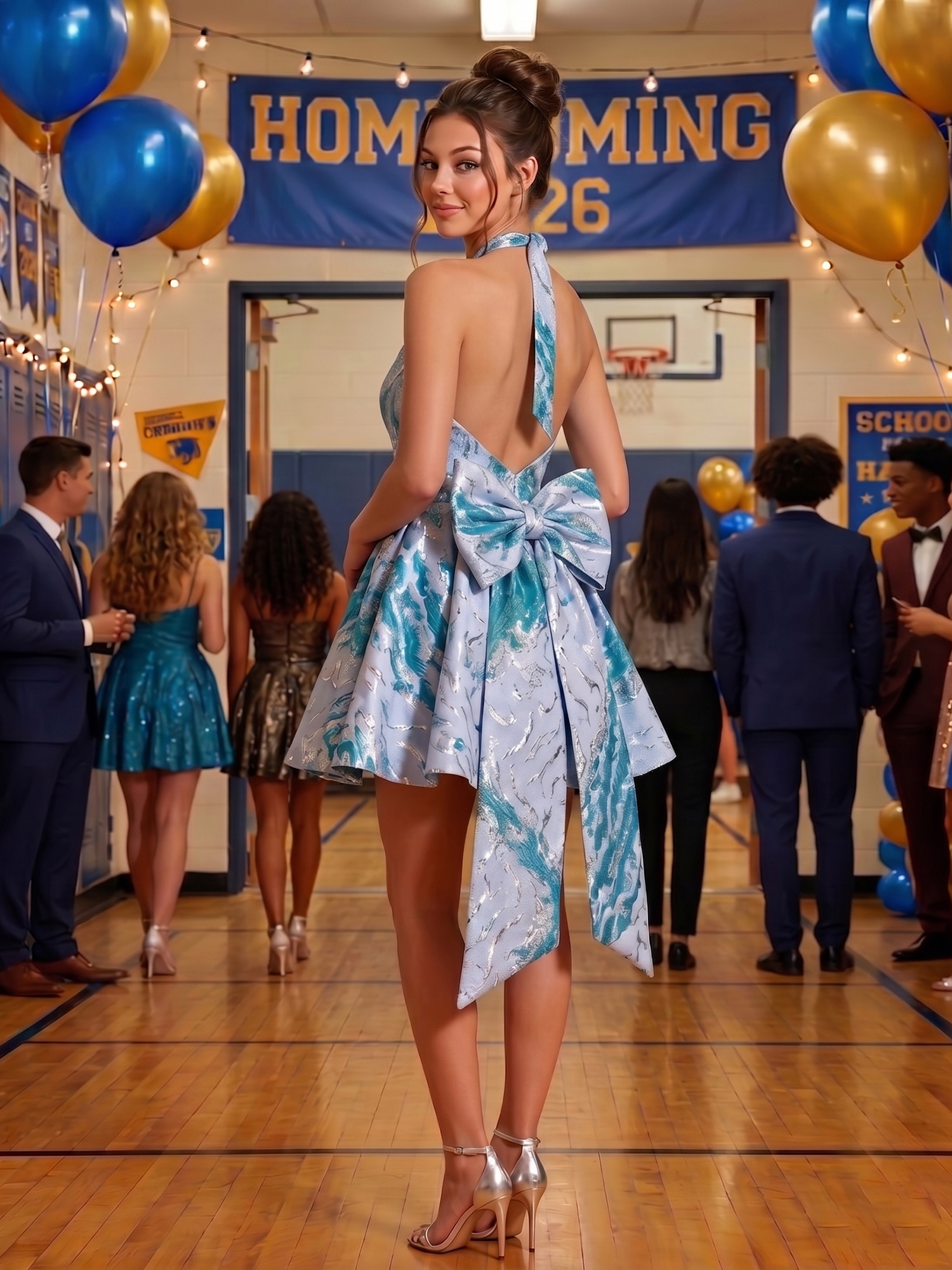 Halter V-Neck Metallic Brocade Fit-and-Flare Homecoming Dress with Bow Back