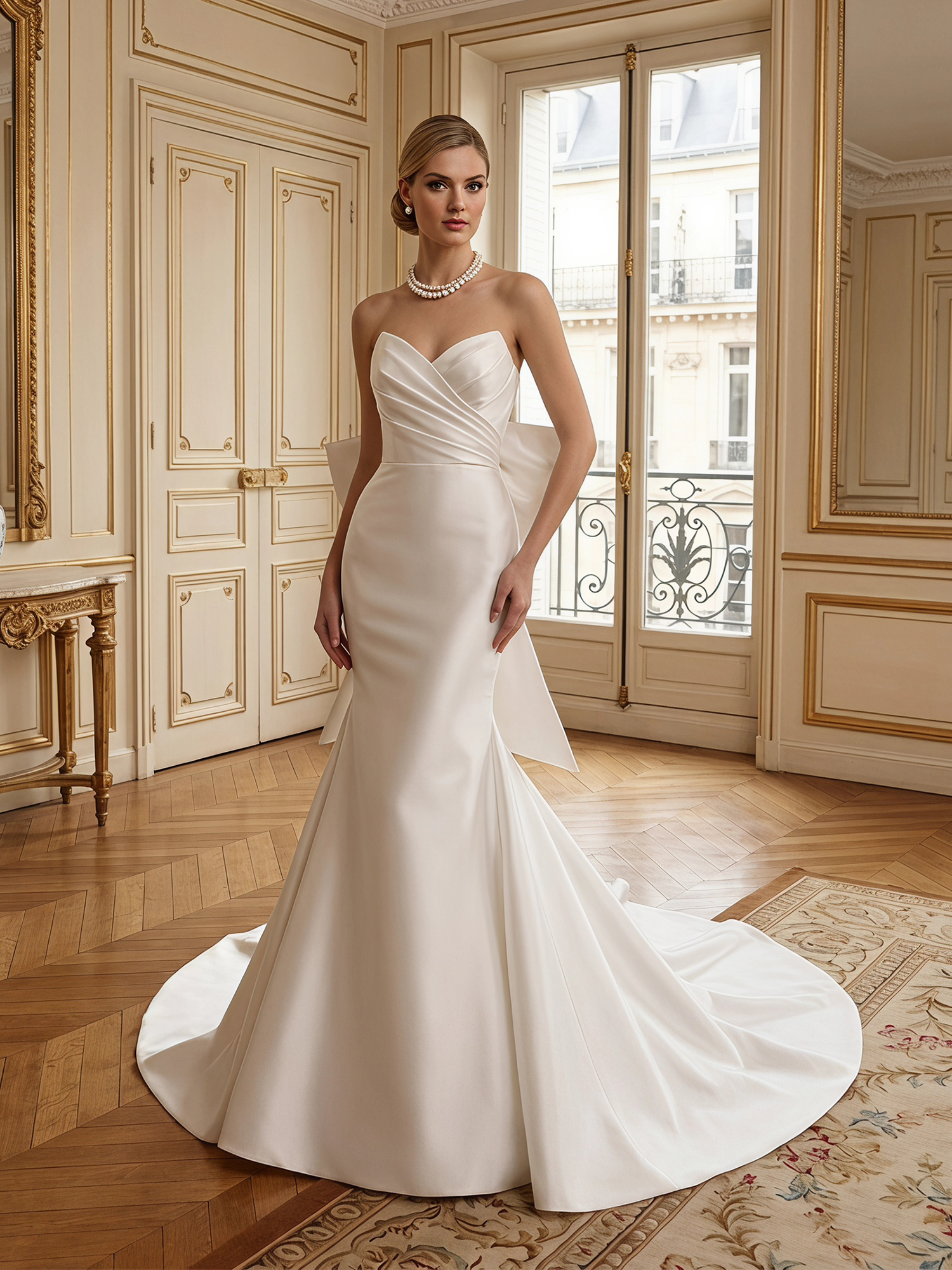 Statuesque Ivory Satin Mermaid Wedding Dress with Dramatic Statement Bow