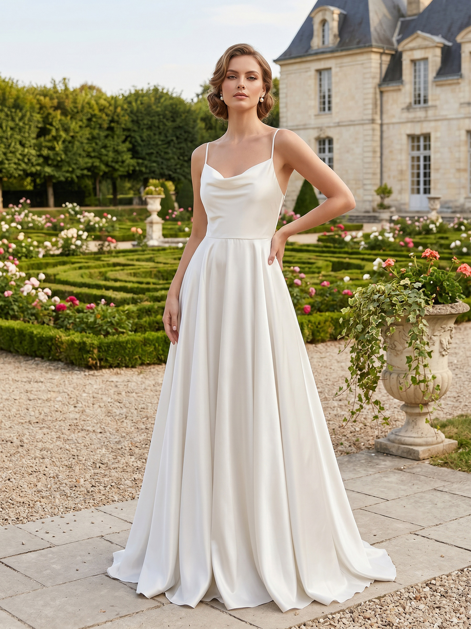Timeless Ivory Satin Cowl Neck Wedding Dress