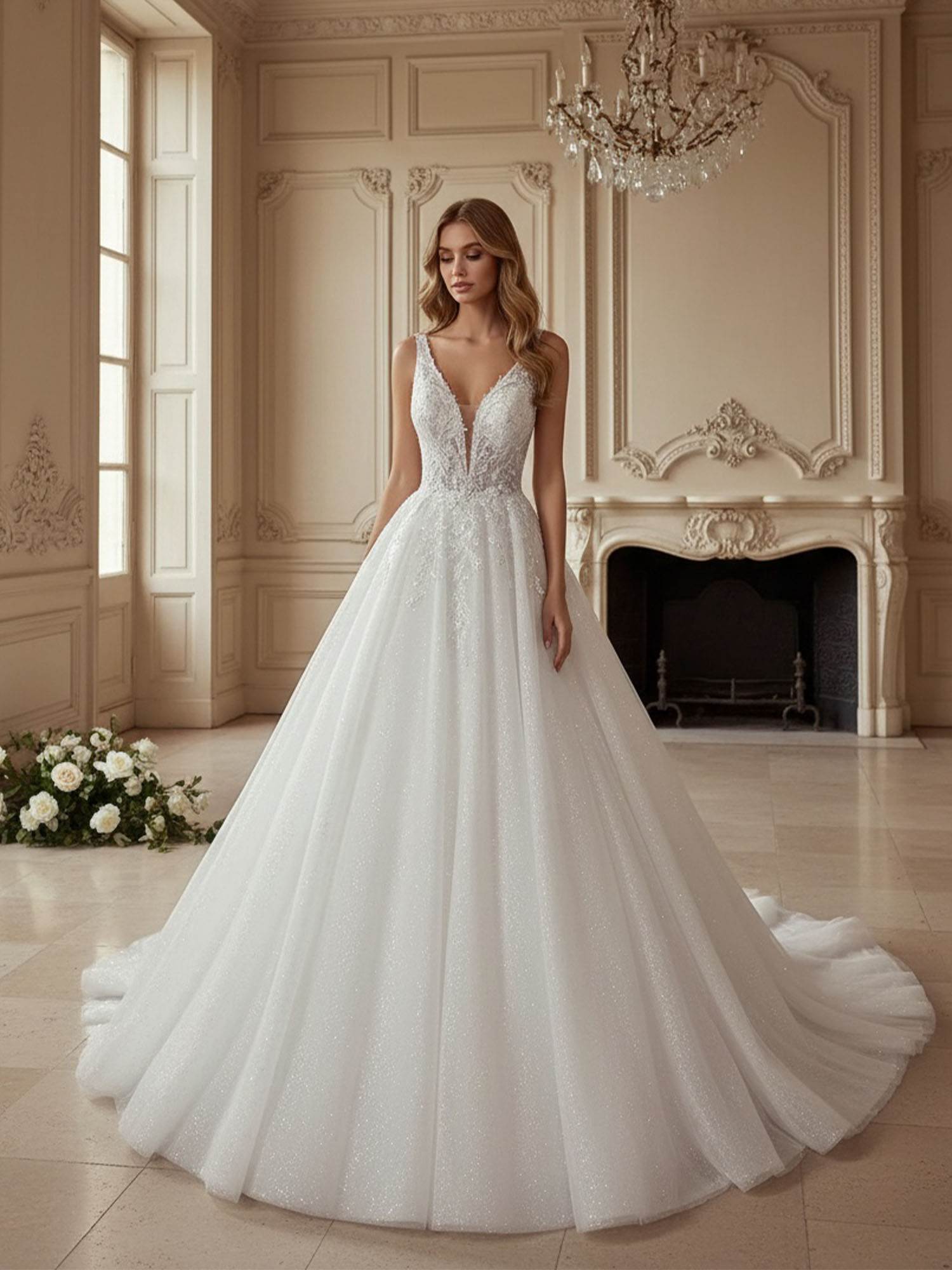 Ivory Shimmering Celestial Lace A-Line Wedding Dress