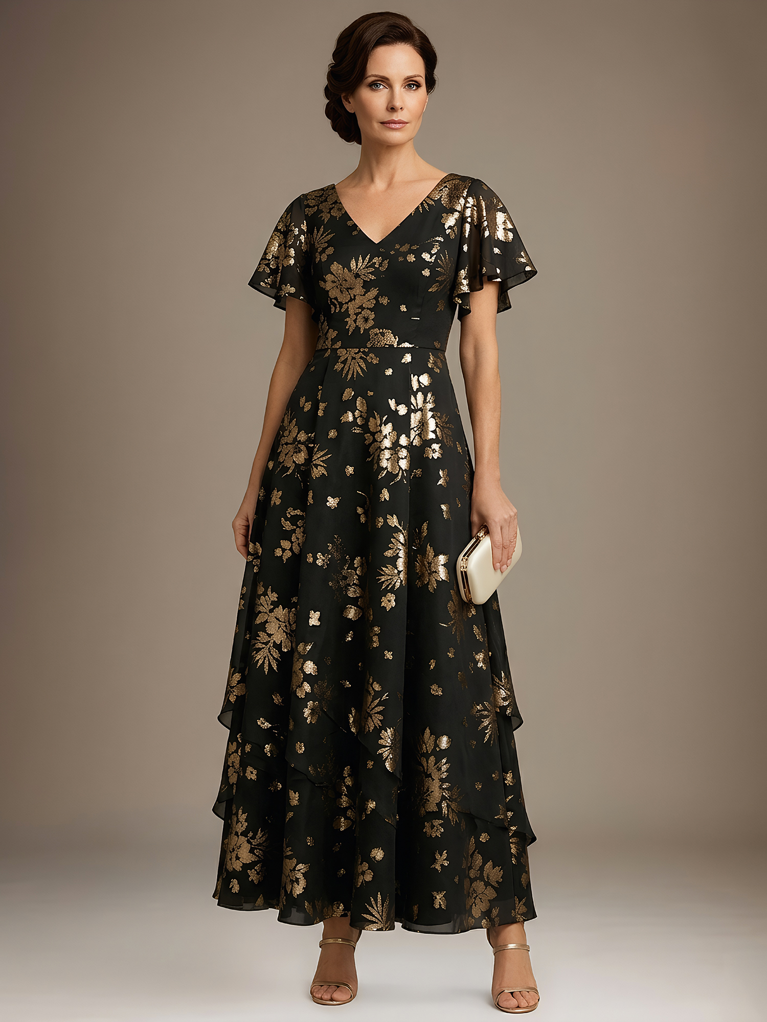 Black Stamped Bronzing Satin Crew Neck Sleeveless A-Line Maxi Dress