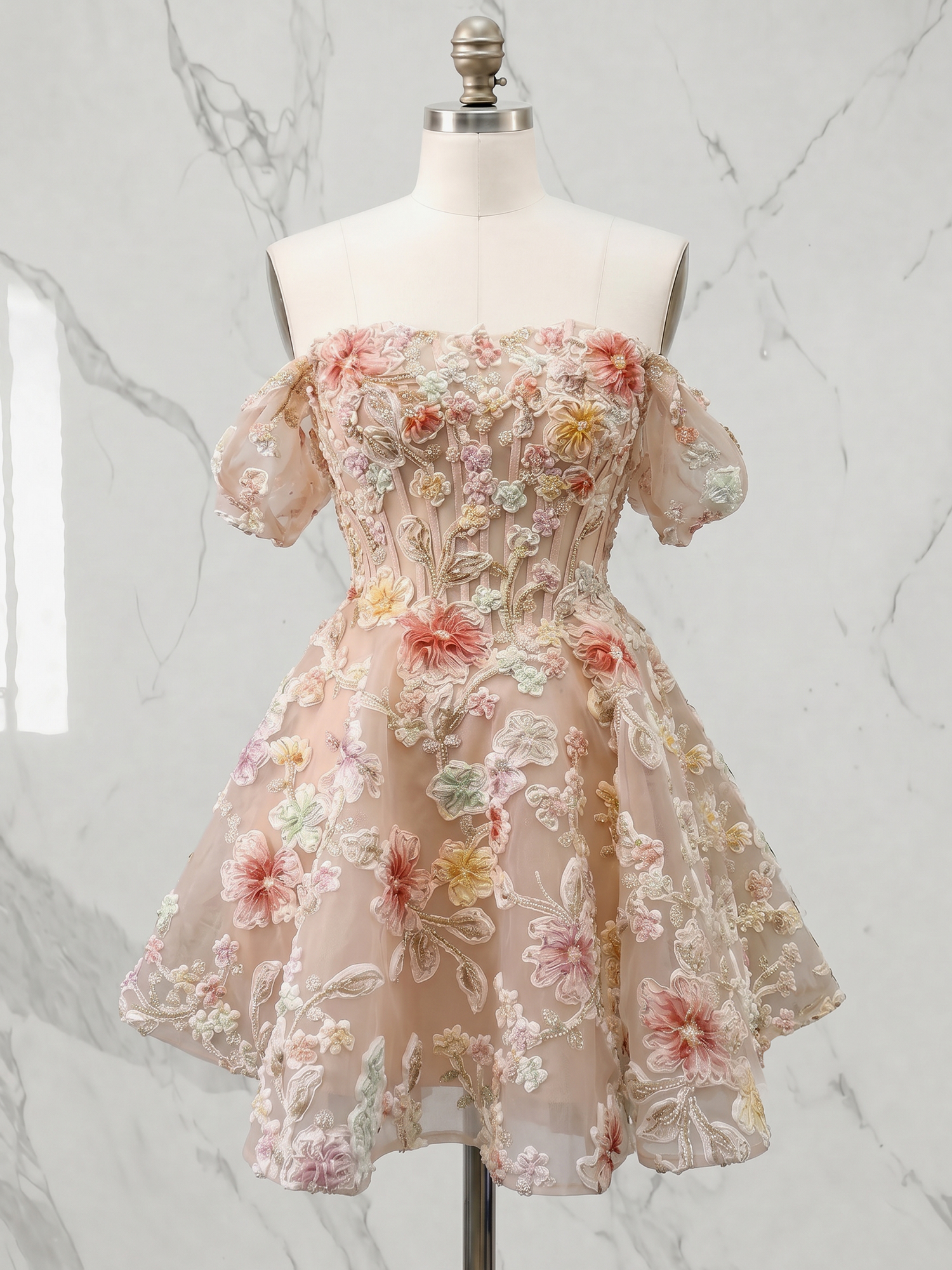 Enchanted Blush 3D Floral Corset Mini Dress with Off-the-Shoulder Sleeves Homcoming Dress