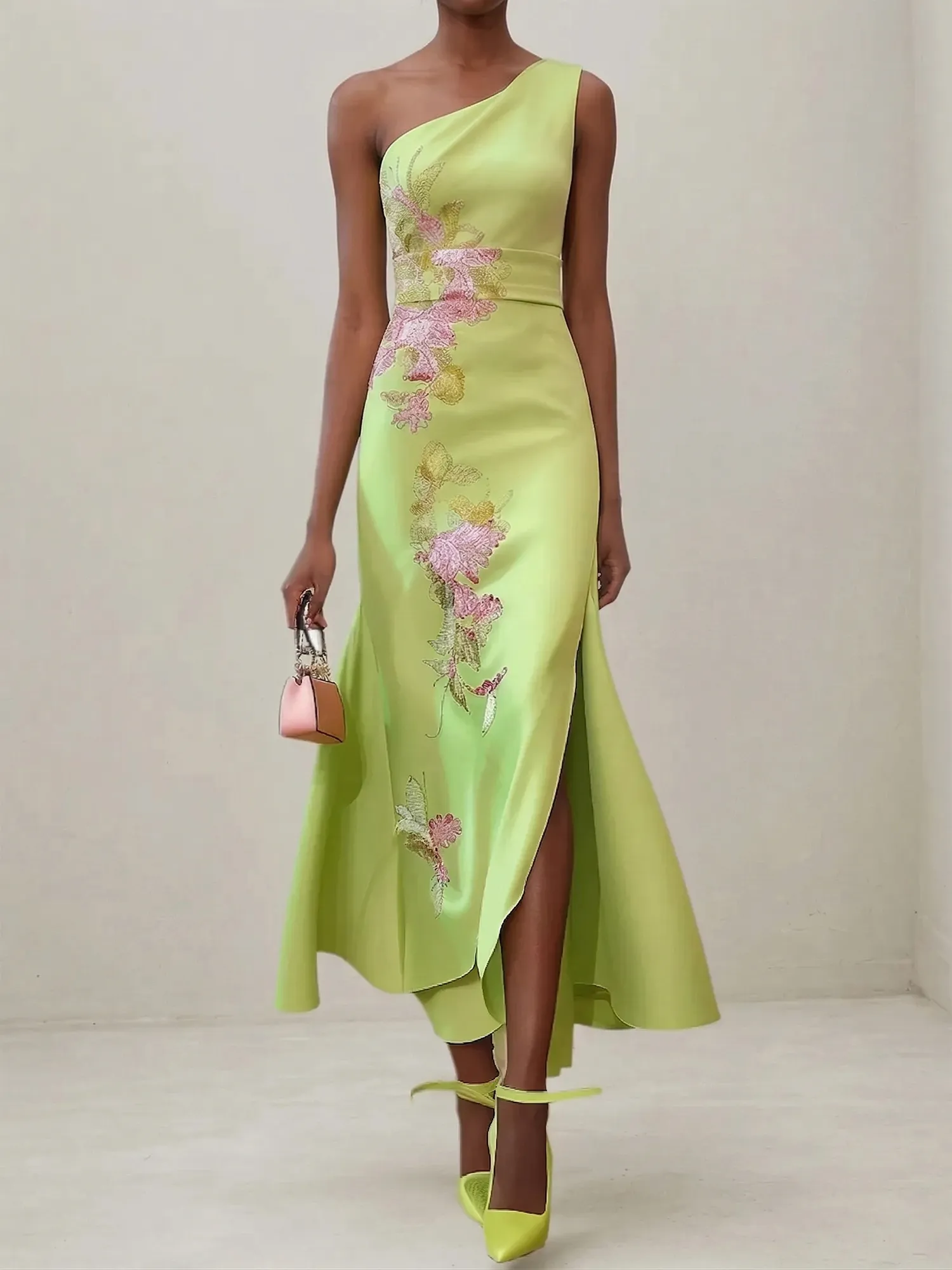 Elegant One Shoulder Cap Sleeve Satin Midi Gown with Floral Embroidery & High Slit