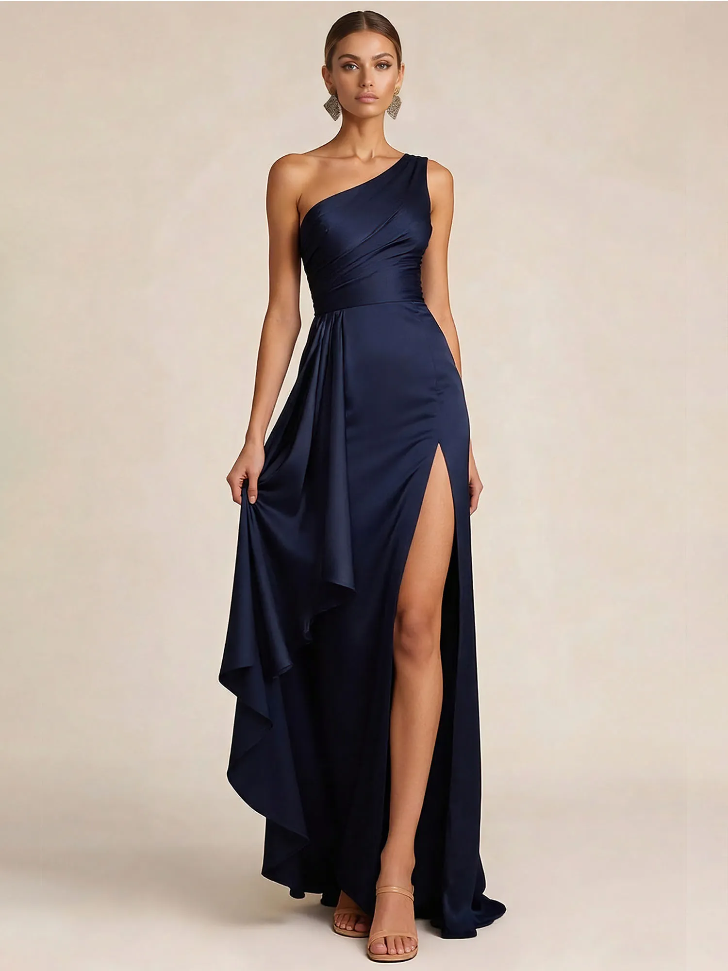 Sleek Foraml Evening Gown Midnight Navy One-Shoulder Satin Slit Maxi Dress