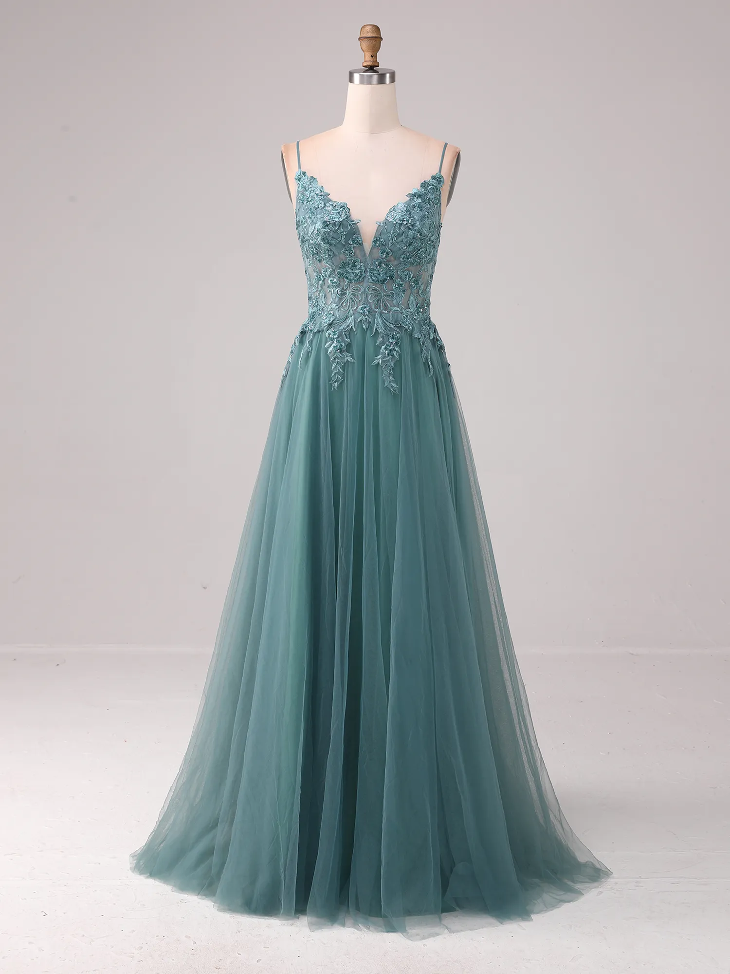 Dusty Teal Lace Appliqué Spaghetti Strap Tulle A-Line Prom Gown