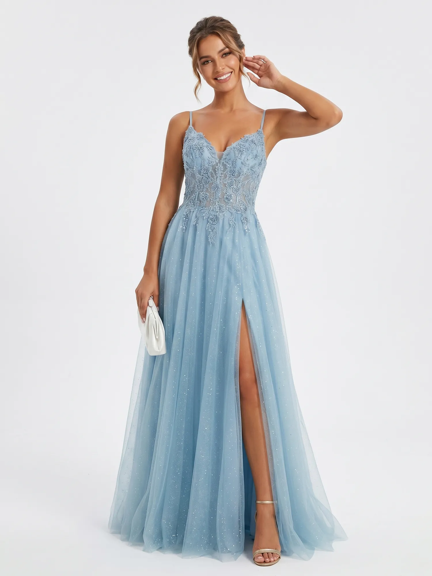 Sky Blue Spaghetti Strap Lace Appqué Glitter Tulle A-Line Prom Dress with Slit