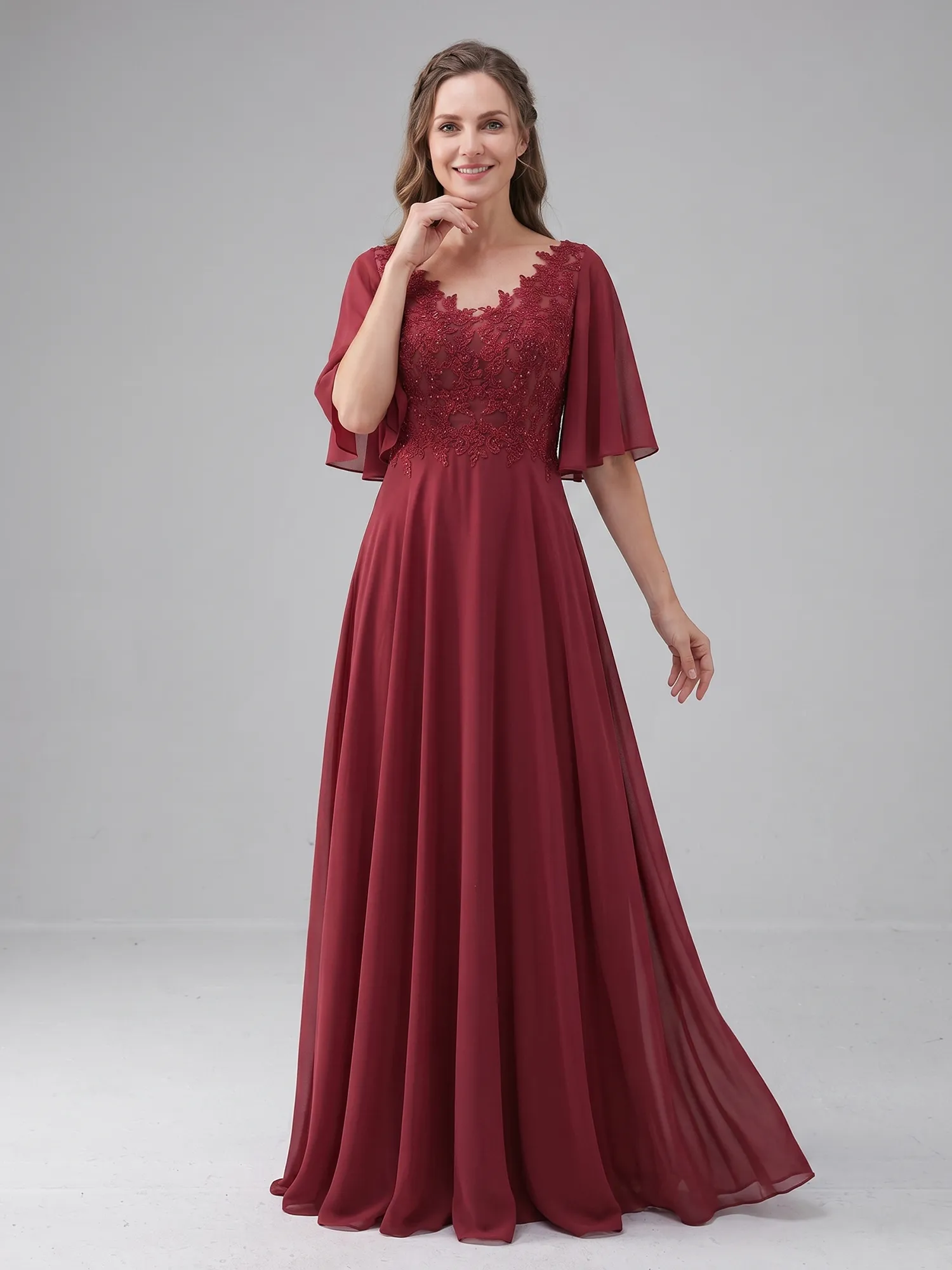 Burgundy Illusion Lace Flutter Sleeve Chiffon A-Line Mother of the Bride Dress
