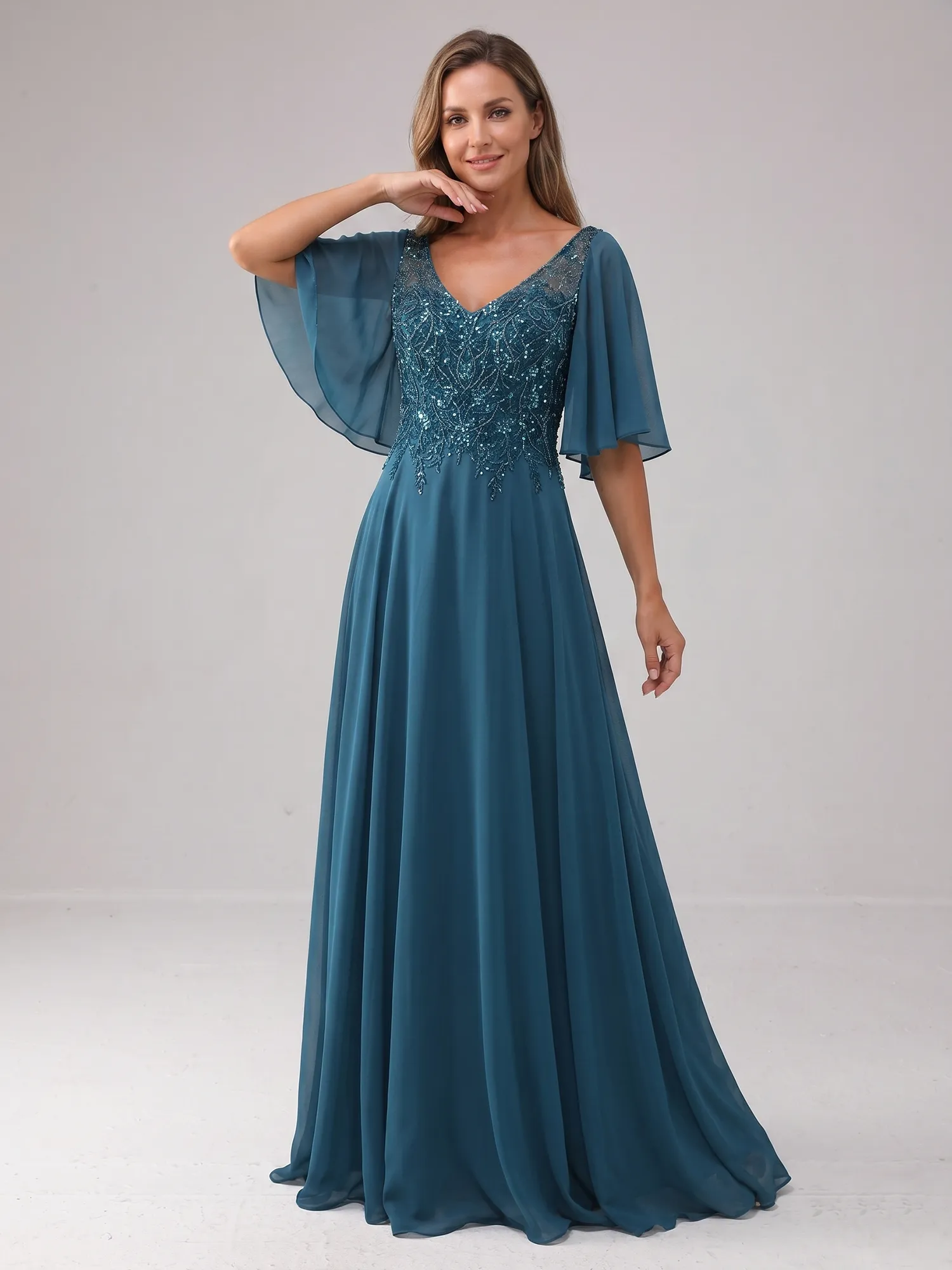 Peacock Blue Lace Appliqué Flutter Sleeve Chiffon A-Line Mother of the Bride Dress