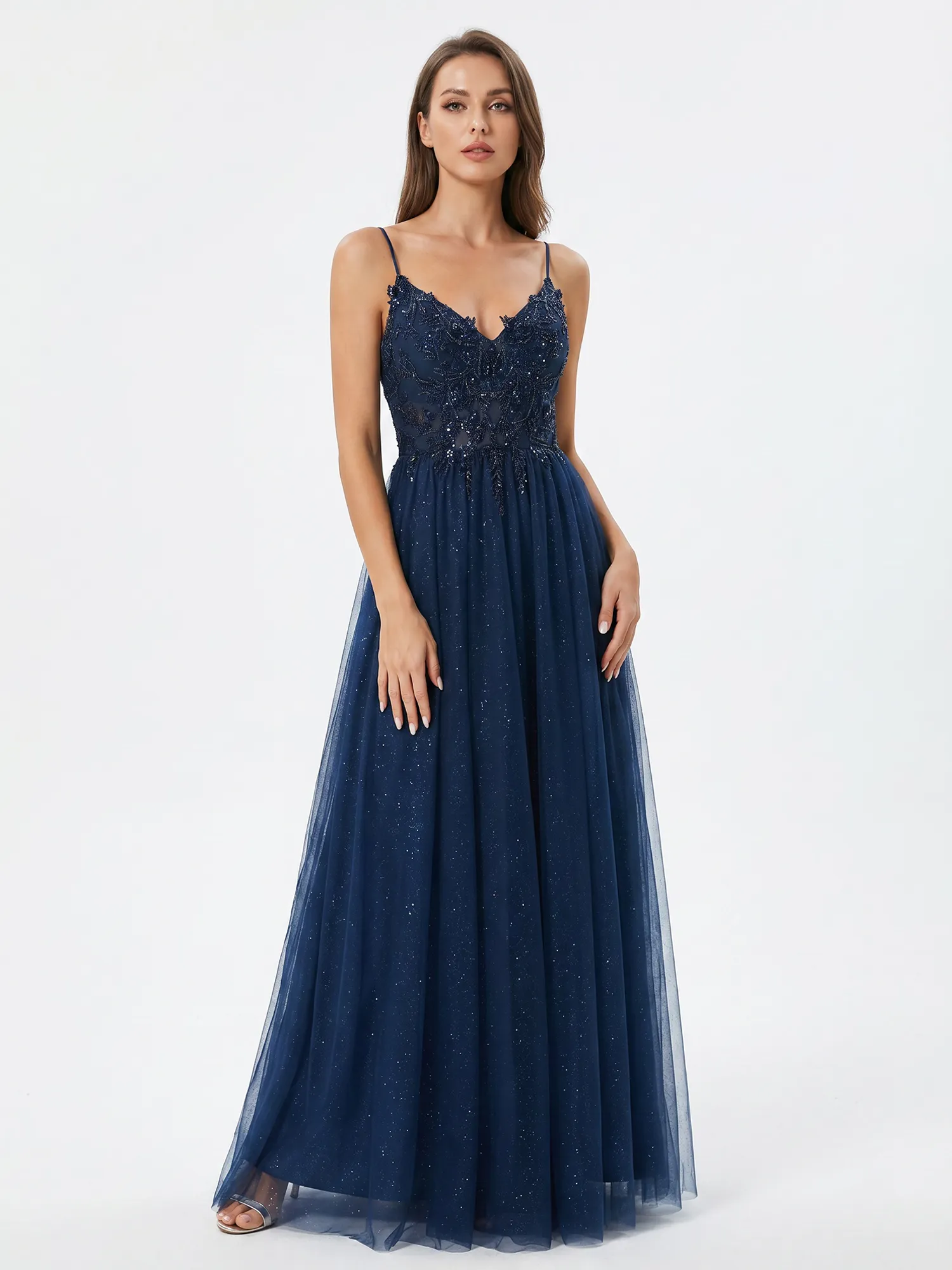 Navy Blue Spaghetti Strap Lace & Bead Glitter Tulle A-Line Prom Dress