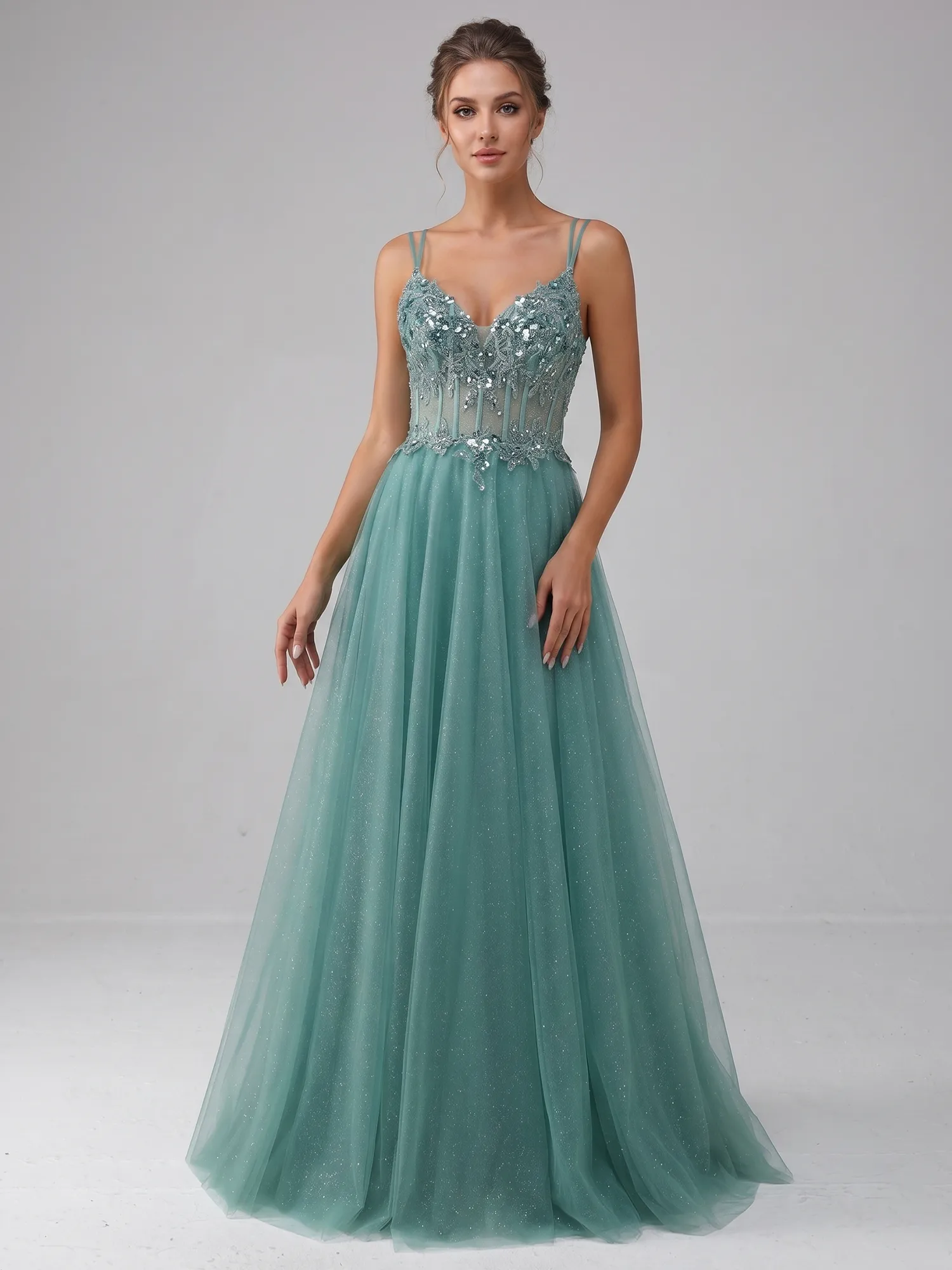 Dusty Sage Green Sequin Lace Corset Glitter Tulle A-Line Prom Dress with Crisscross Back
