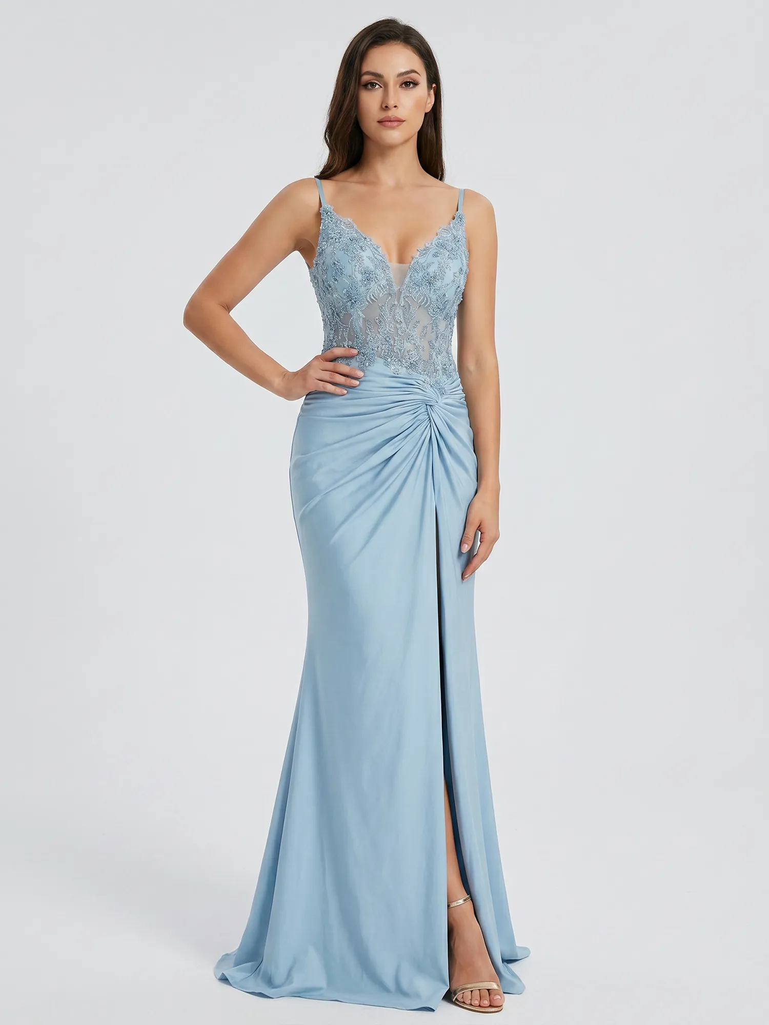 Sky Blue Lace Appqué Illusion Bodice Ruched Satin Mermaid Prom Dress
