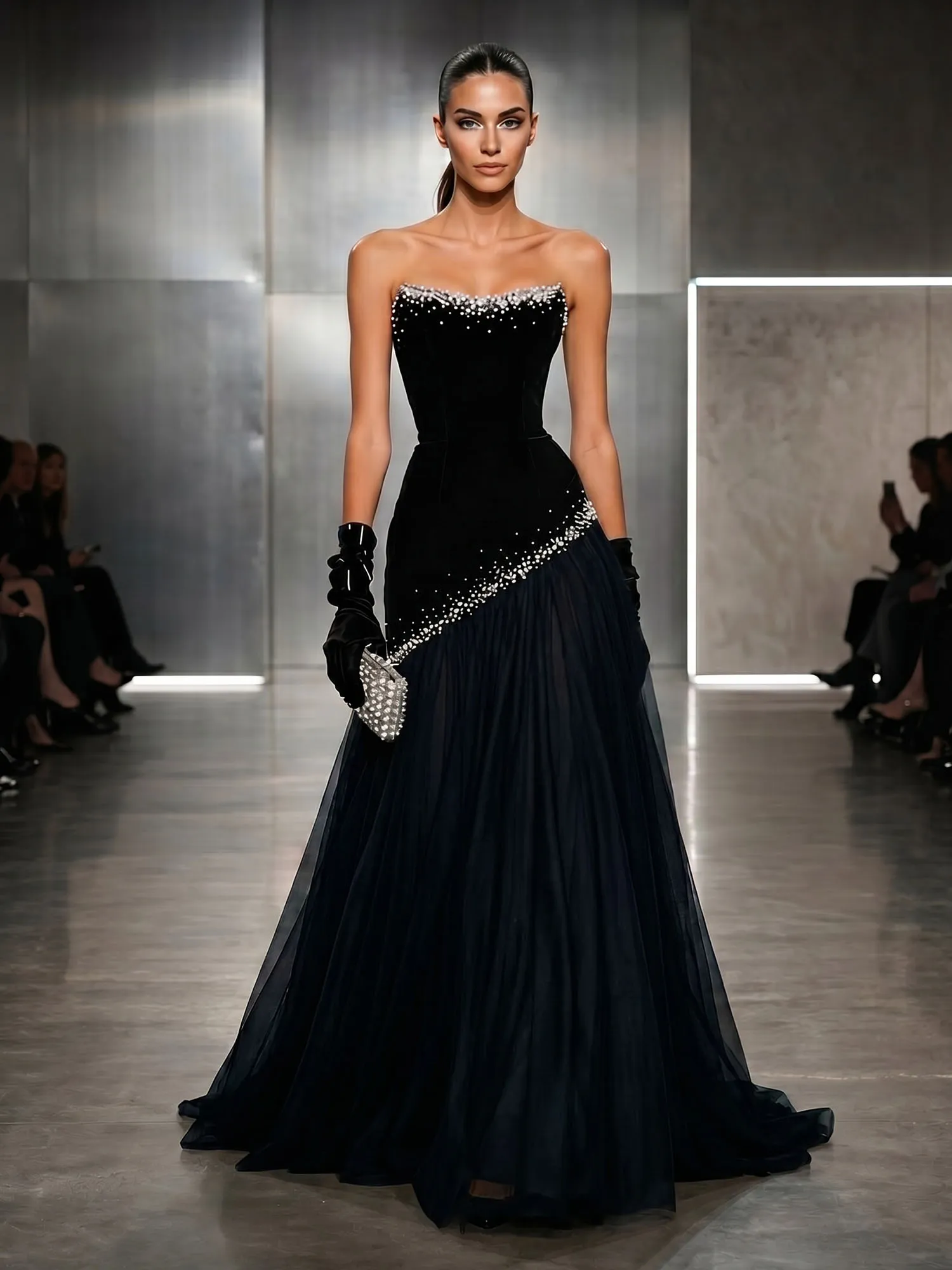 Strapless Tulle Beaded Corset Evening Gown Maxi Dress
