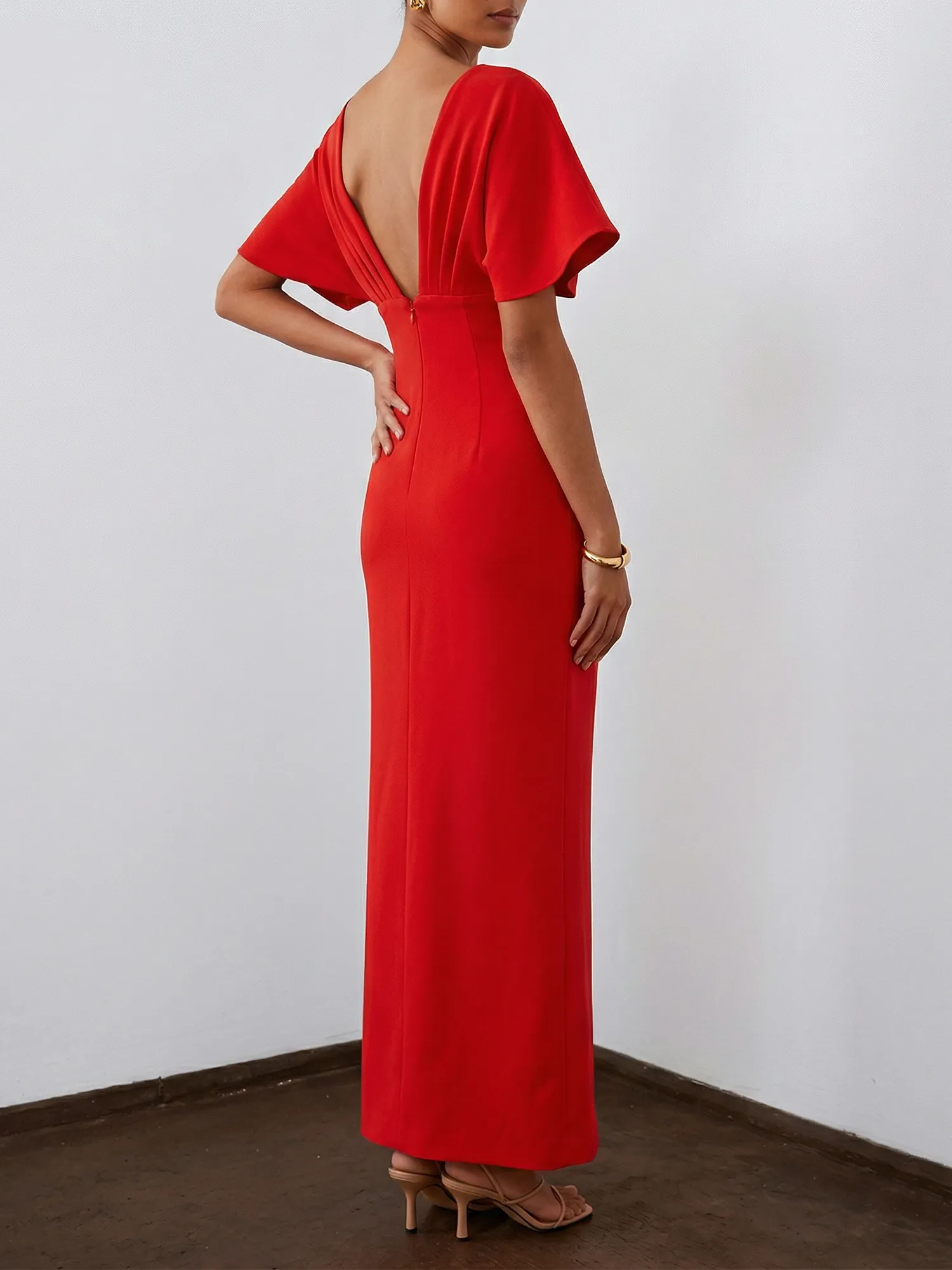 Floral Embroidered Boat Neck Batwing Sleeve Column Evening Gown