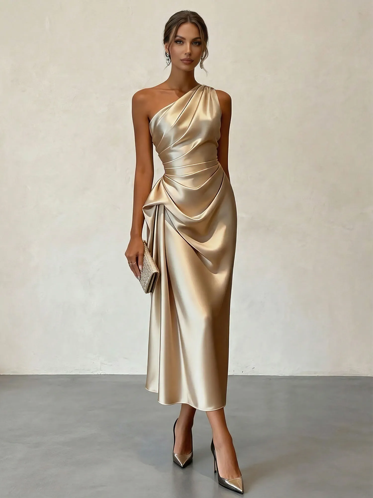 One-Shoulder Ruched Satin Midi Evening Dress with Draped Detail