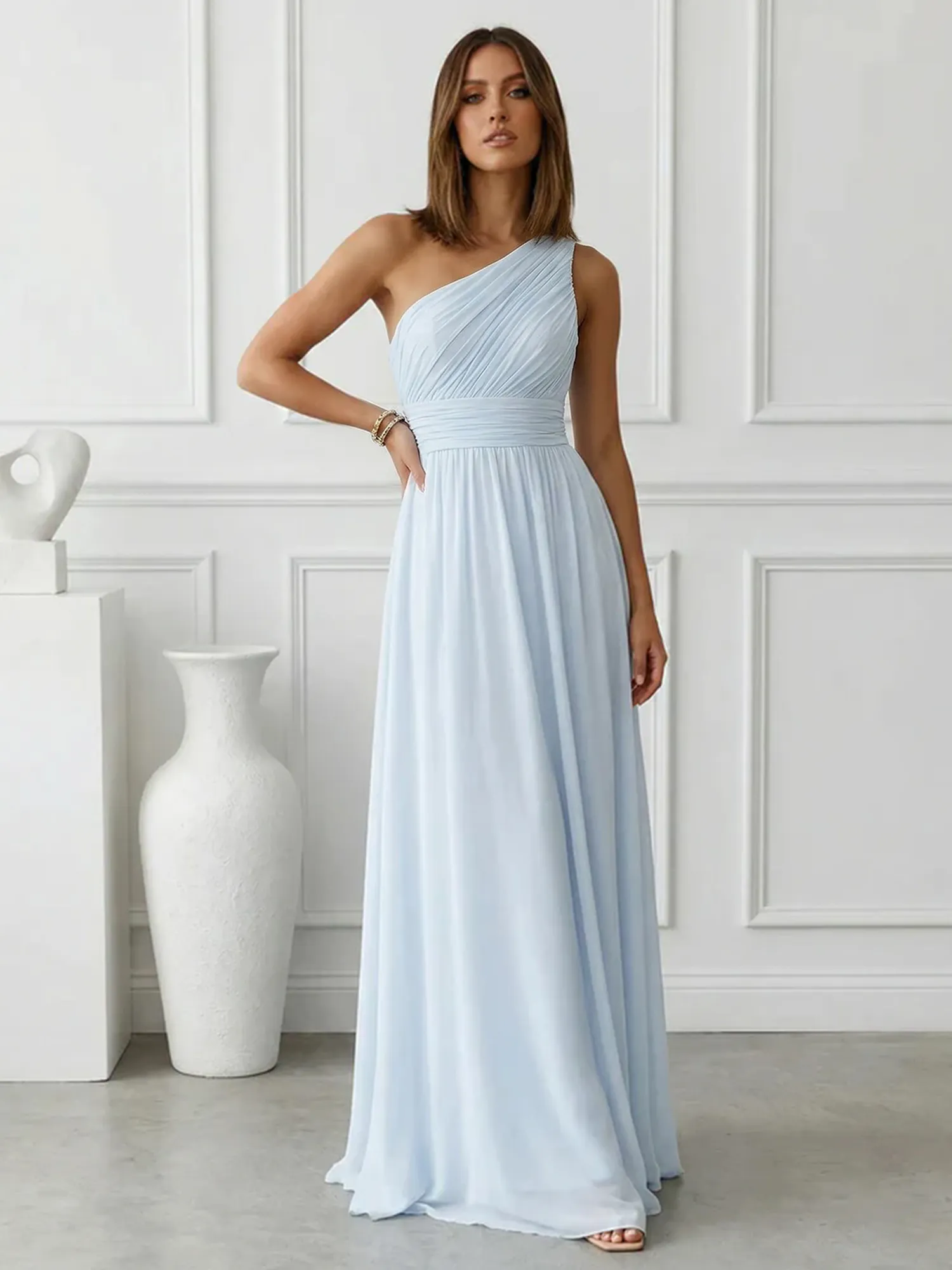 One-Shoulder Pleated Chiffon A-Line Evening Dress