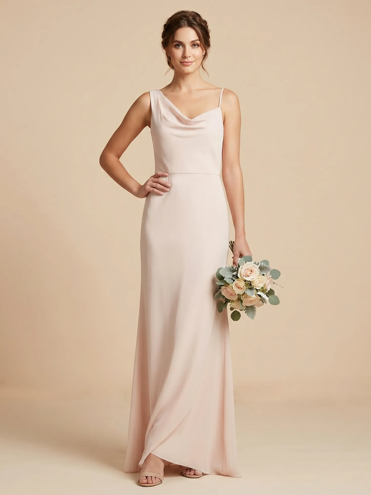 Blush Pink Asymmetric Cowl Neck Chiffon Bridesmaid Dress