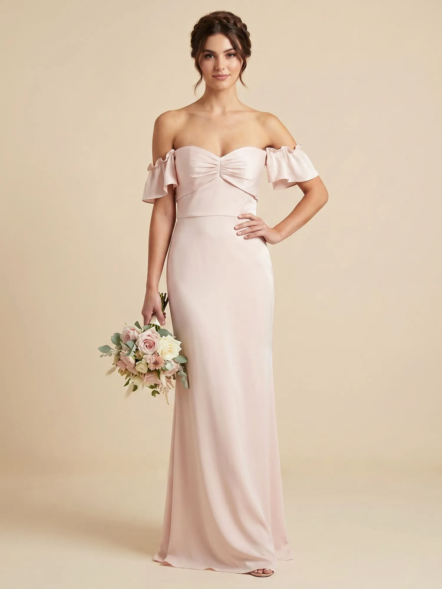 Blush Pink Off-the-Shoulder Ruffle Sleeve Bridesmaid Dress
