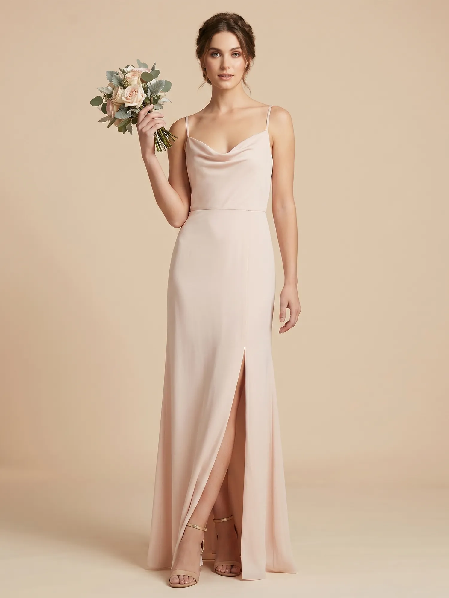 Blush Pink Cowl Neck Spaghetti Strap Chiffon Bridesmaid Dress with Slit