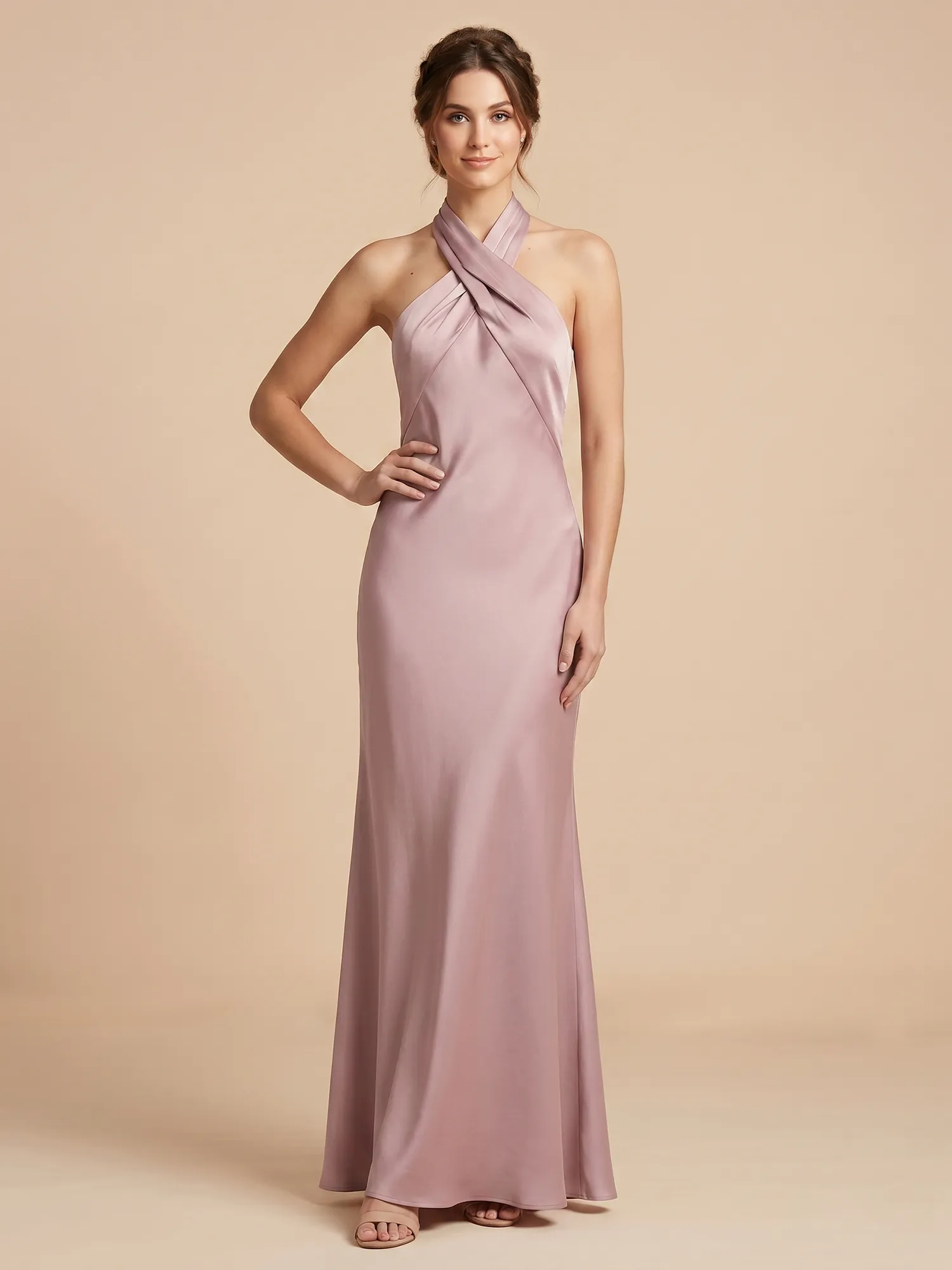 Dusty Rose Cross Halter Neck Satin Mermaid Bridesmaid Dress