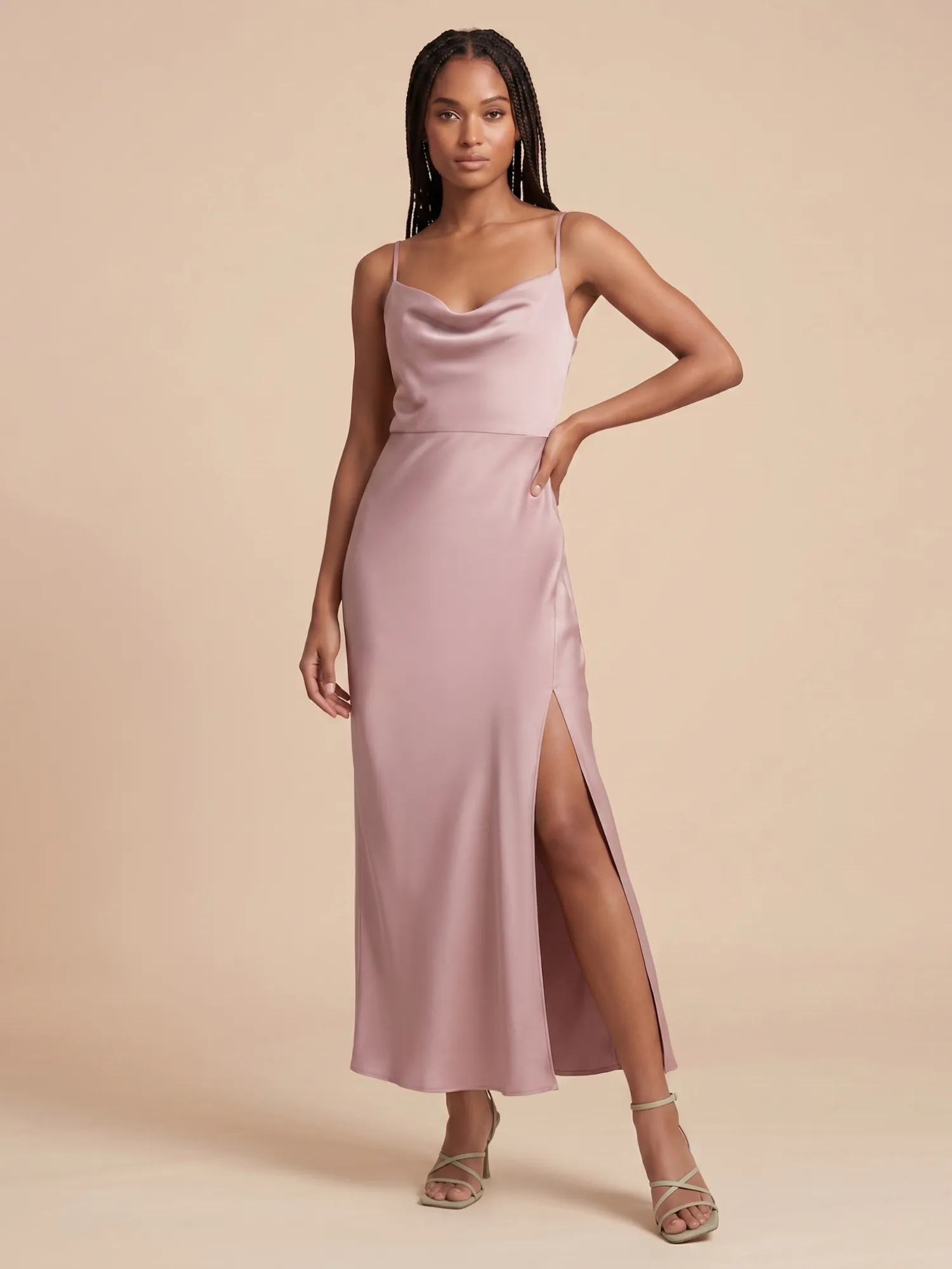 Dusty Rose Spaghetti Strap Cowl Neck Satin Bridesmaid Midi Dress with Slit