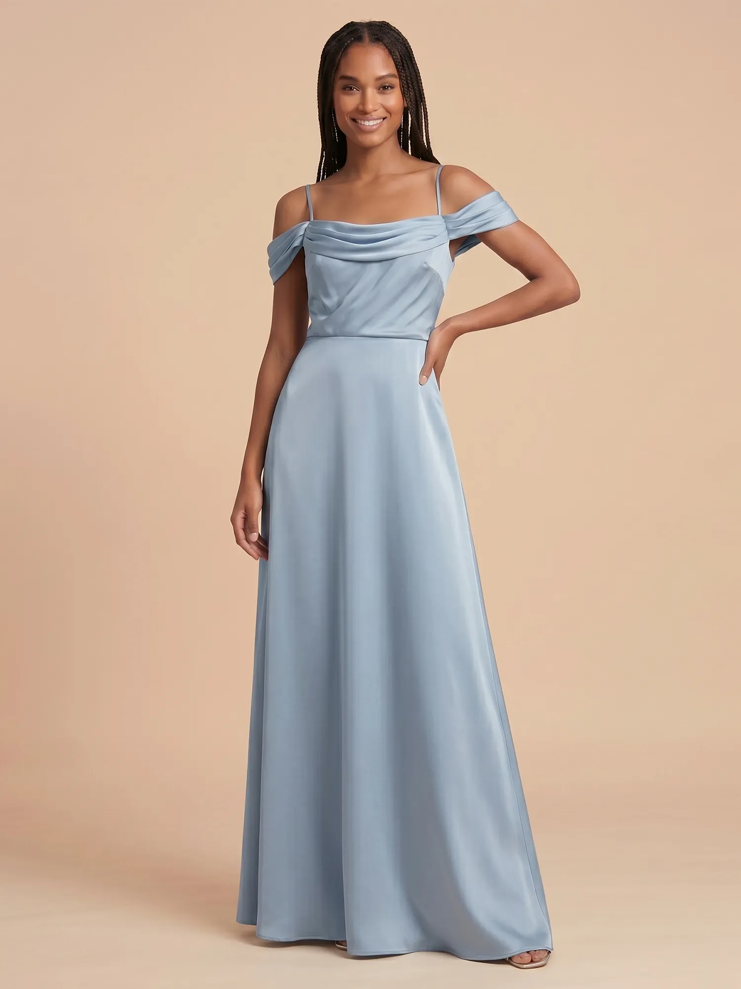Dusty Blue Off-the-Shoulder Draped Satin A-Line Bridesmaid Dress