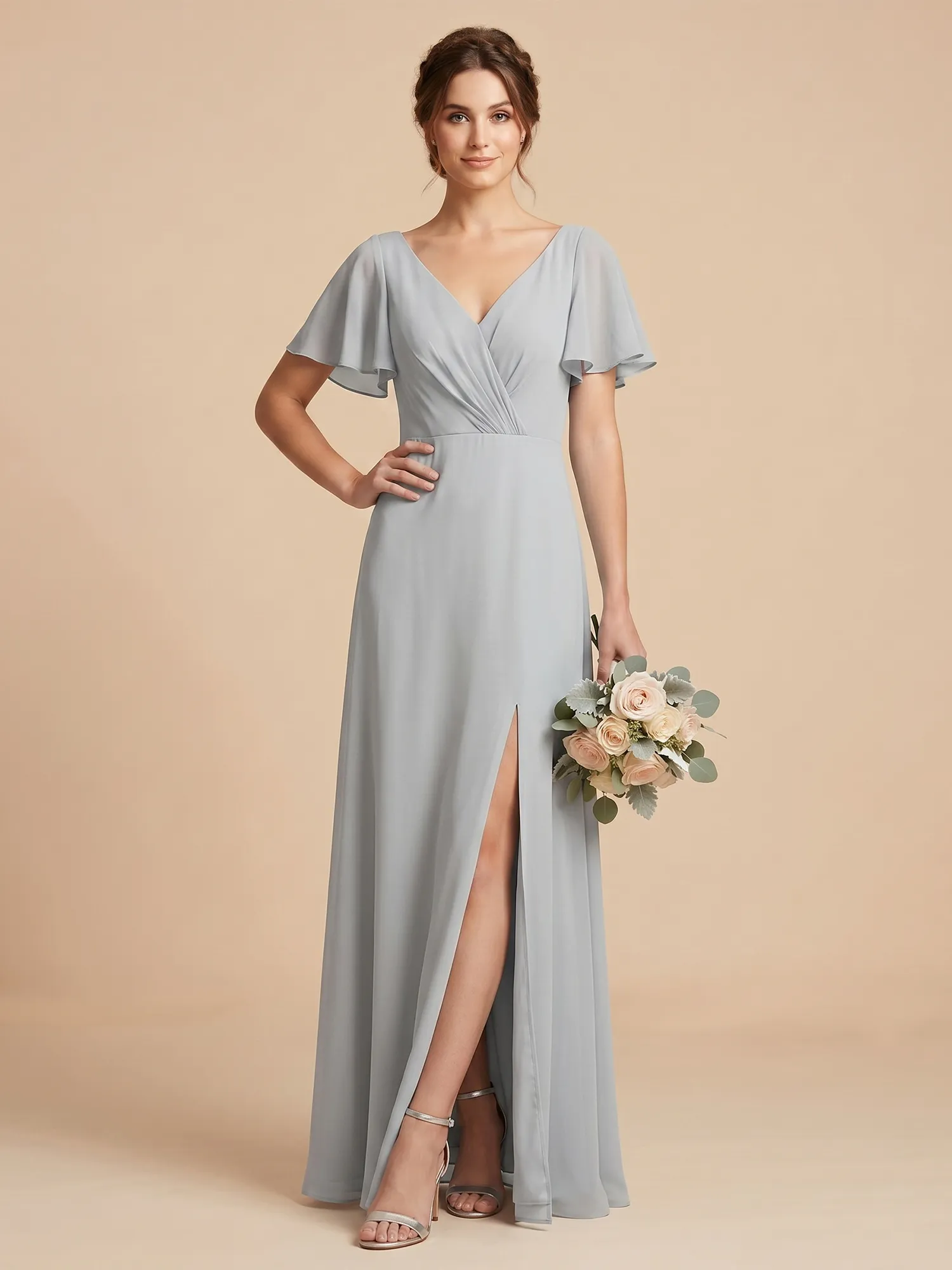 Dusty Blue V-Neck Flutter Sleeve Chiffon Bridesmaid Dress with Slit & Tie-Back