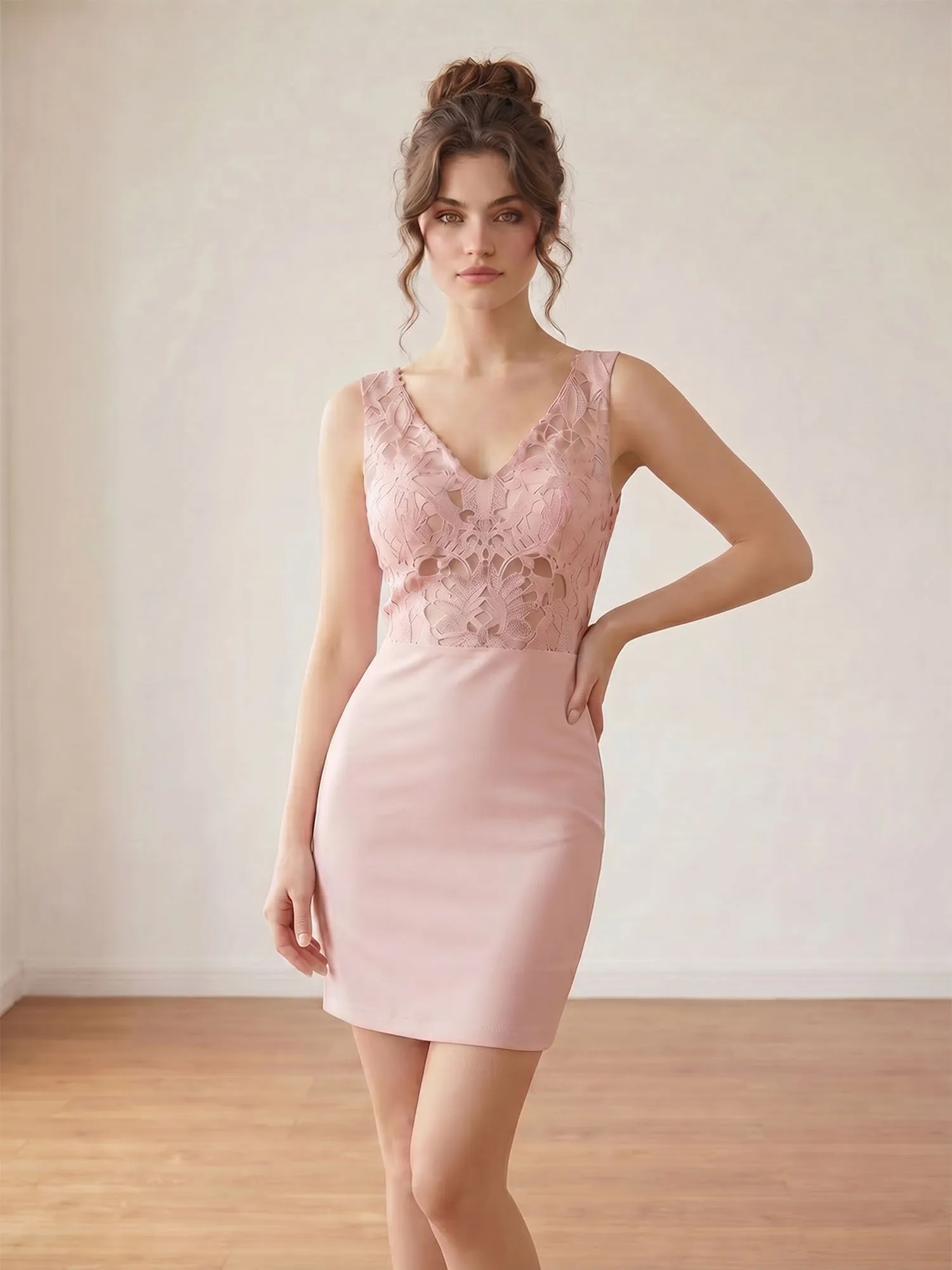 Blush Pink V-Neck Lace & Crepe Homecoming Bodycon Mini Dress