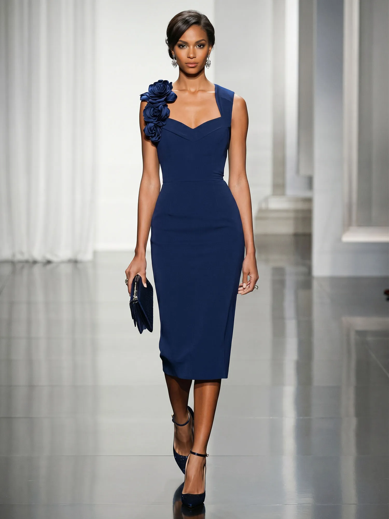 Asymmetric Neckline Crepe Midi Dress with 3D Floral Appliqué