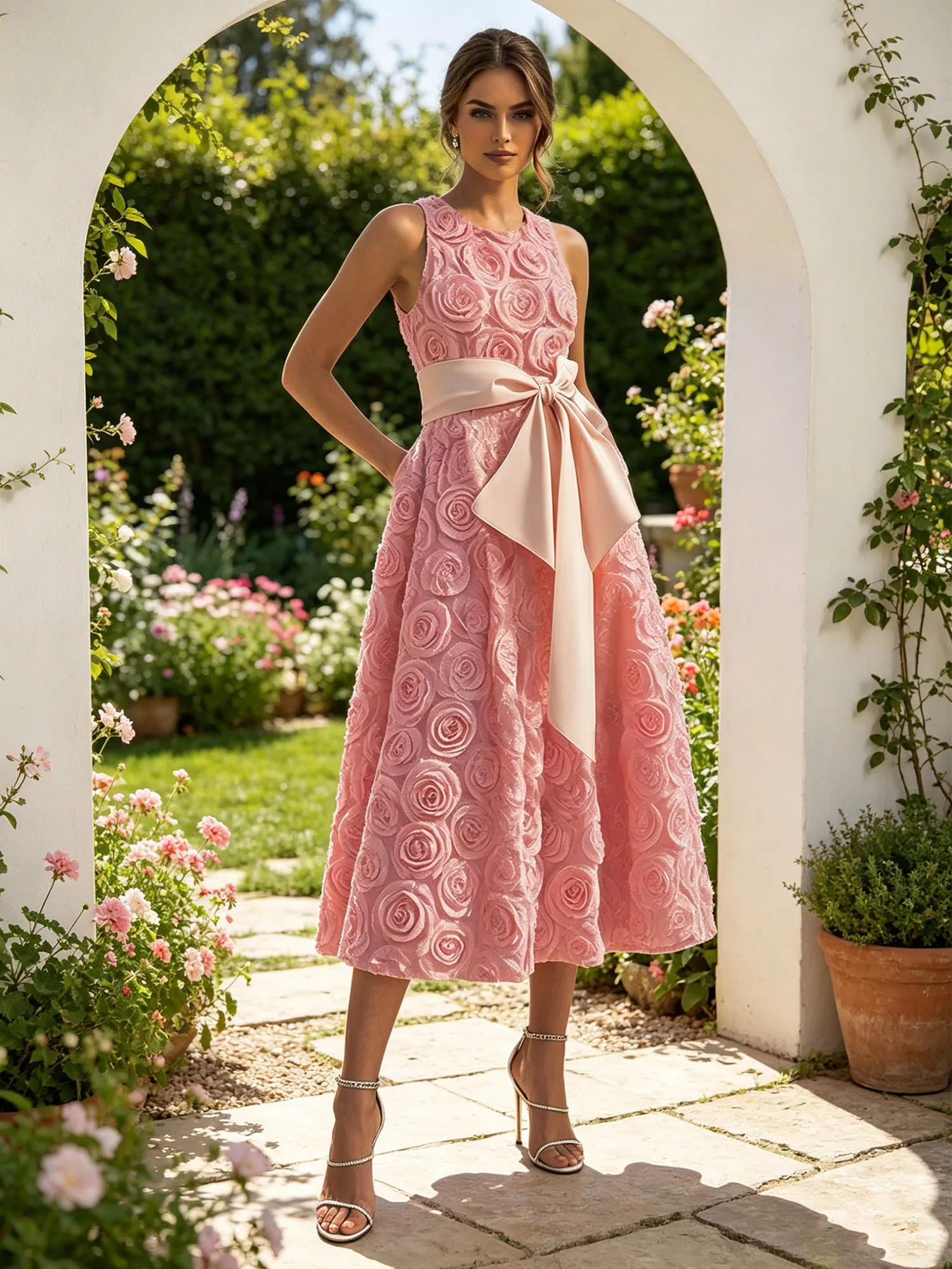 Sleeveless 3D Rose Midi Evening Dress with Satin Bow Sash