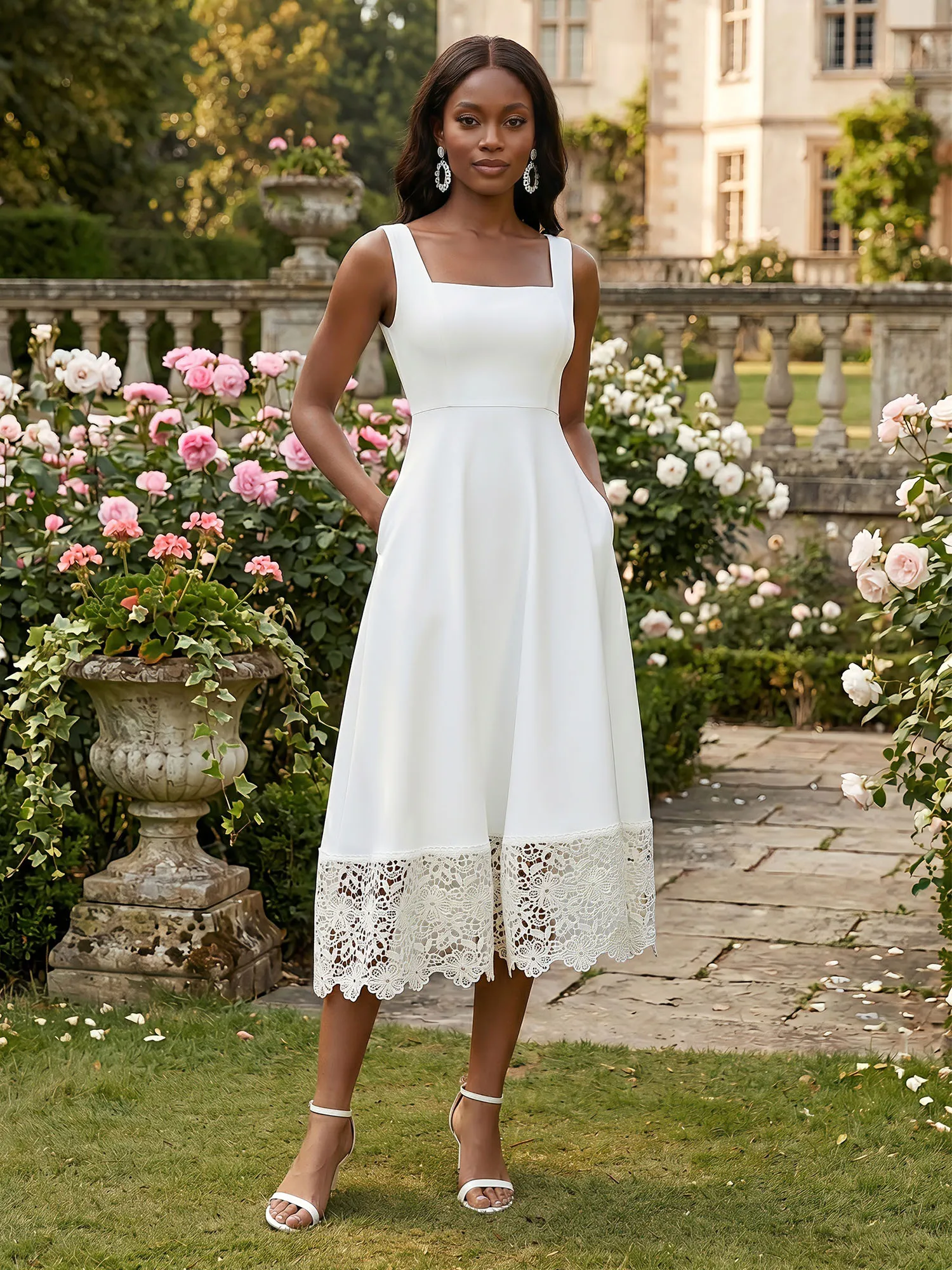 Square Neck Crepe Midi Evening Dress with Lace Hem