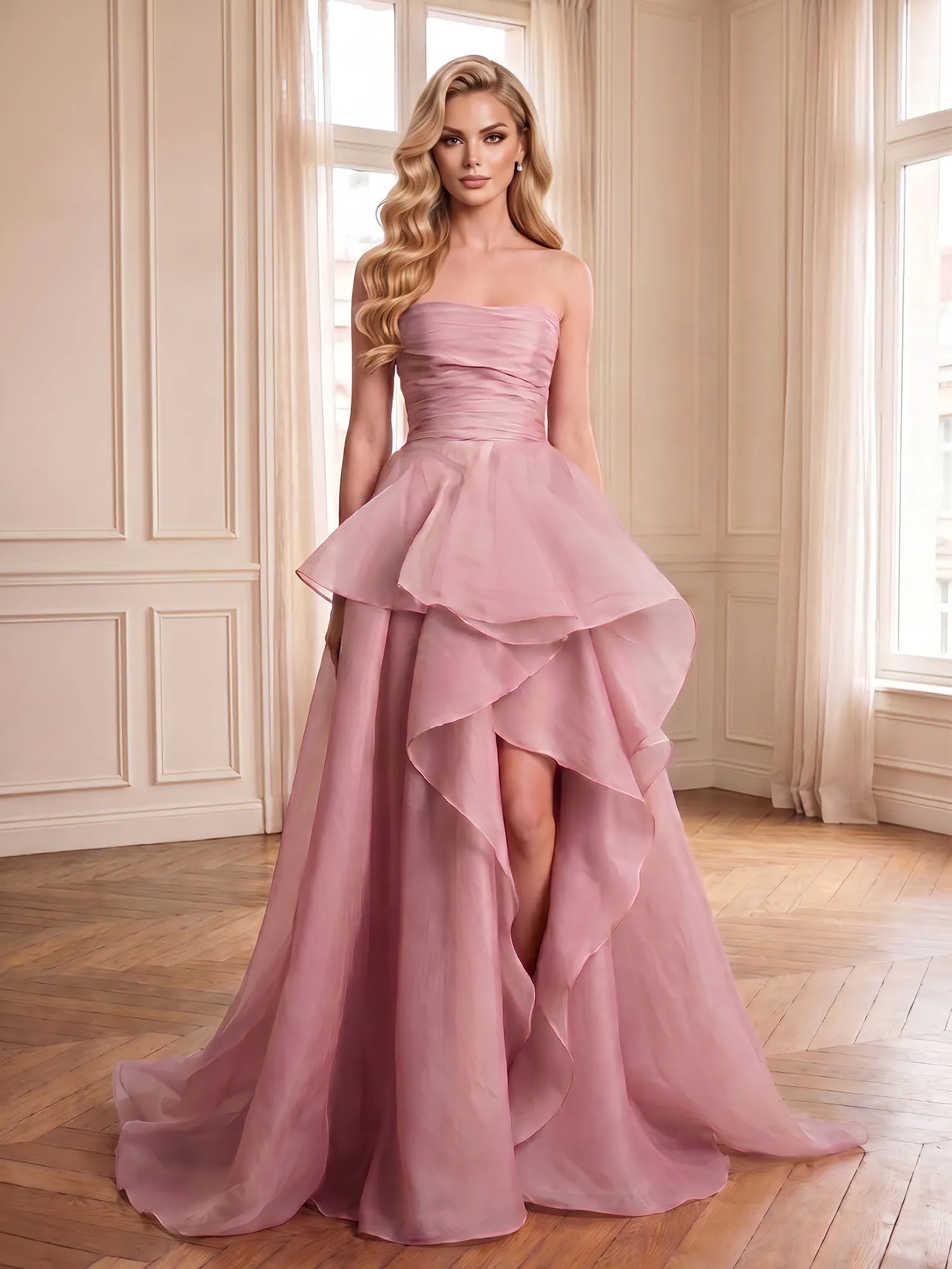 Strapless Tiered Organza Evening Gown with High Slit