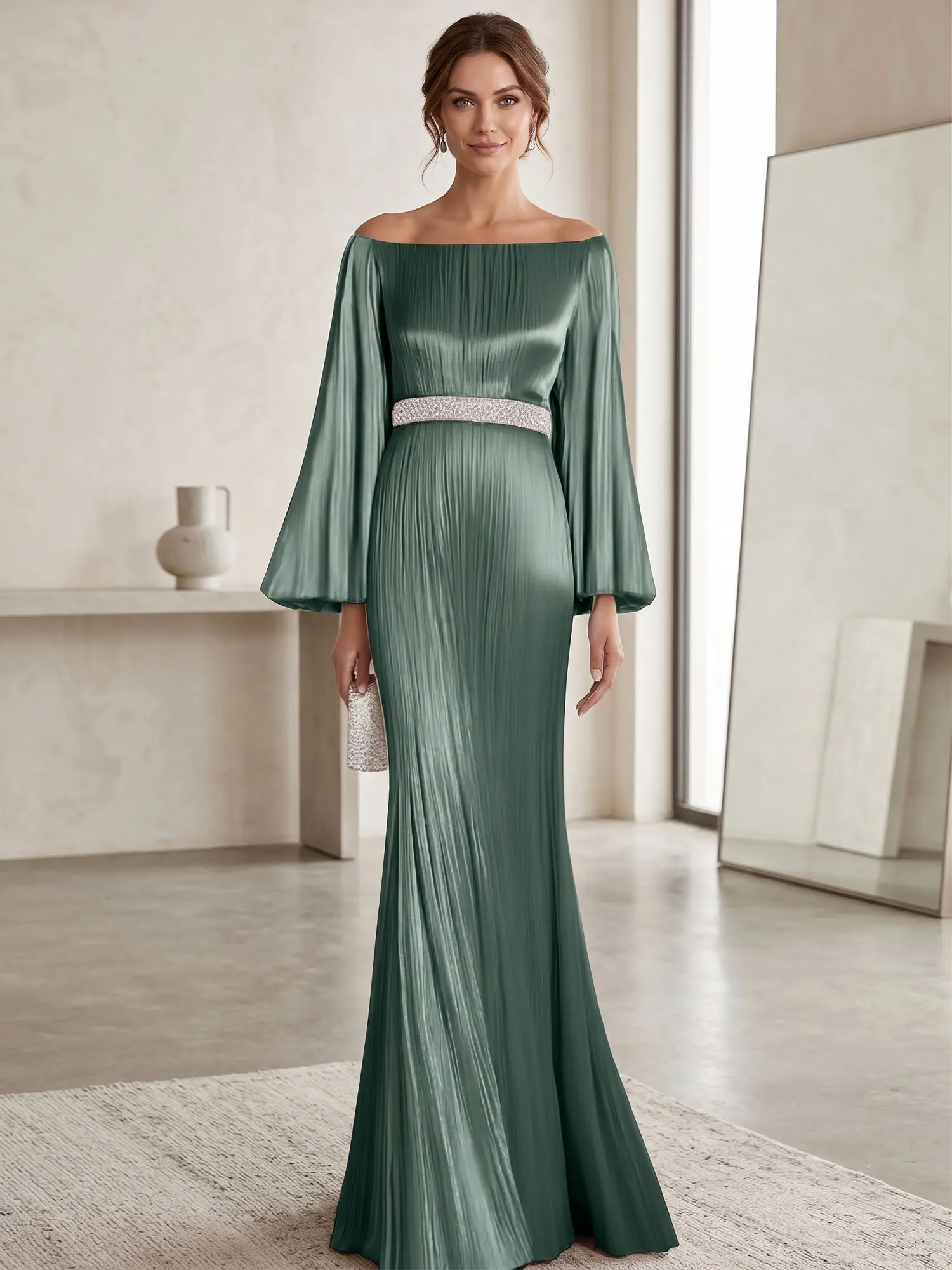 Off-the-Shoulder Pleated Satin Evening Gown with Beaded Waistband