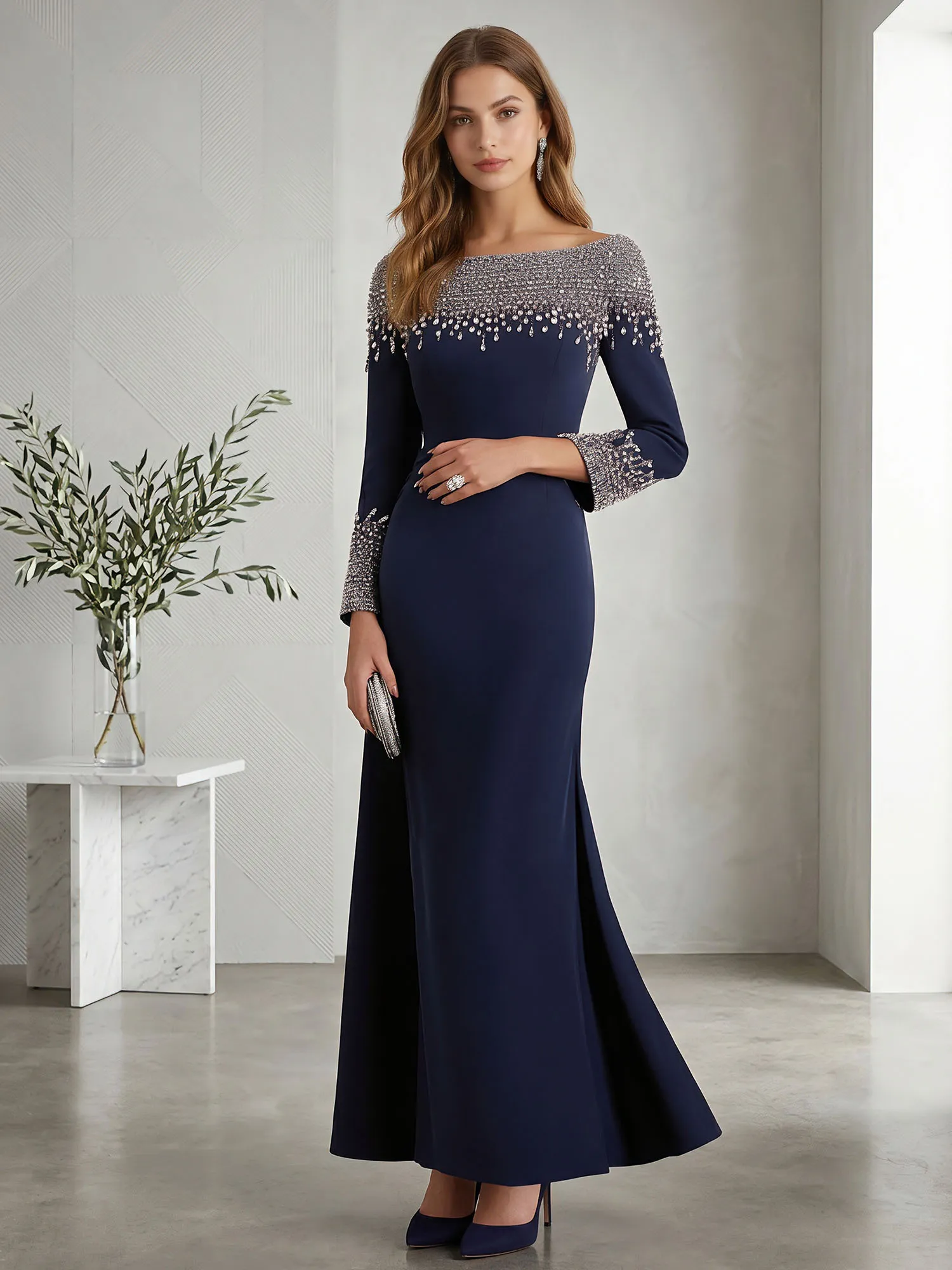 Beaded Off-the-Shoulder Long Sleeve Mermaid Evening Gown