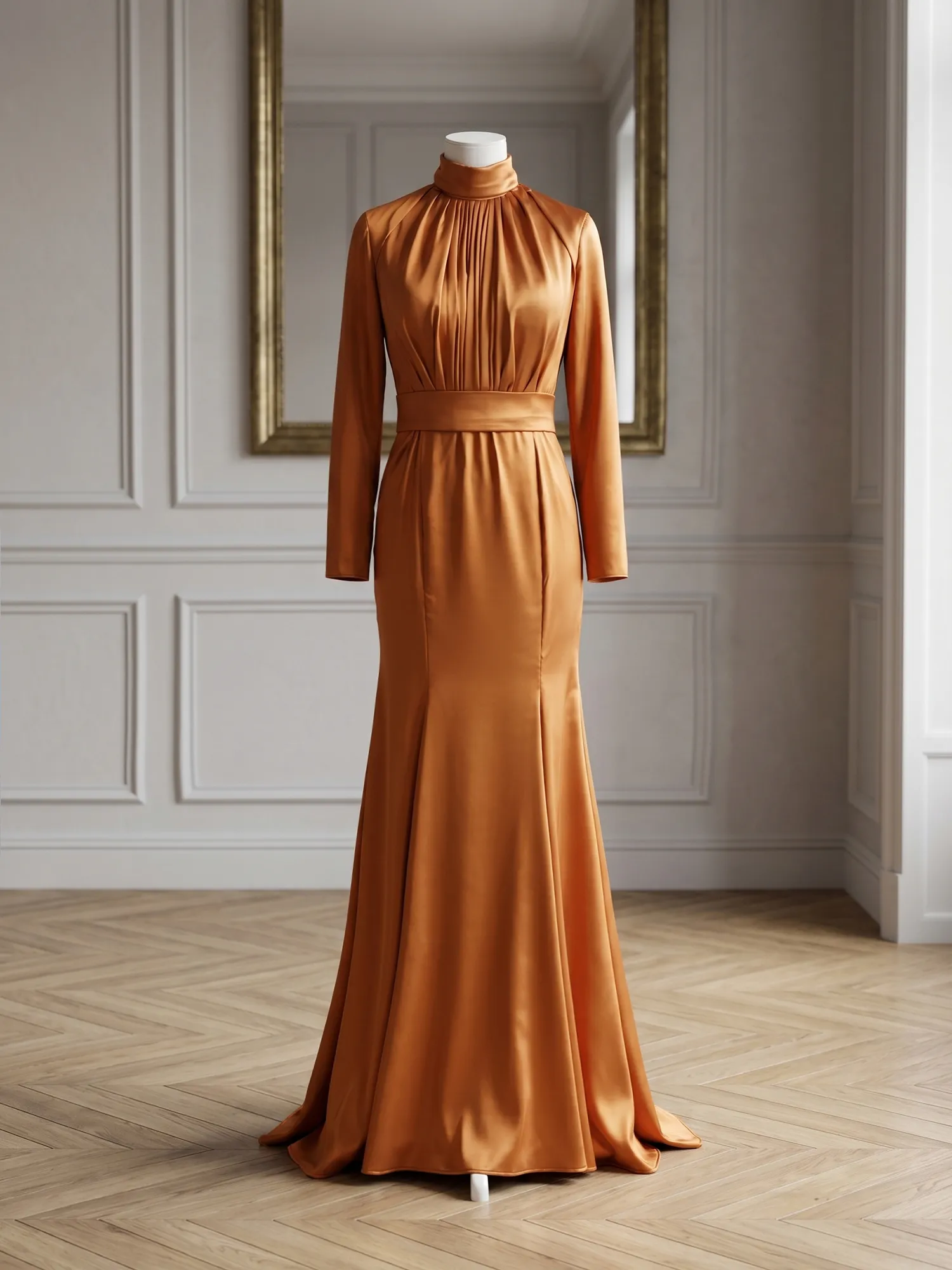 High Neck Long Sleeve Satin Mermaid Evening Gown with Waist Sash