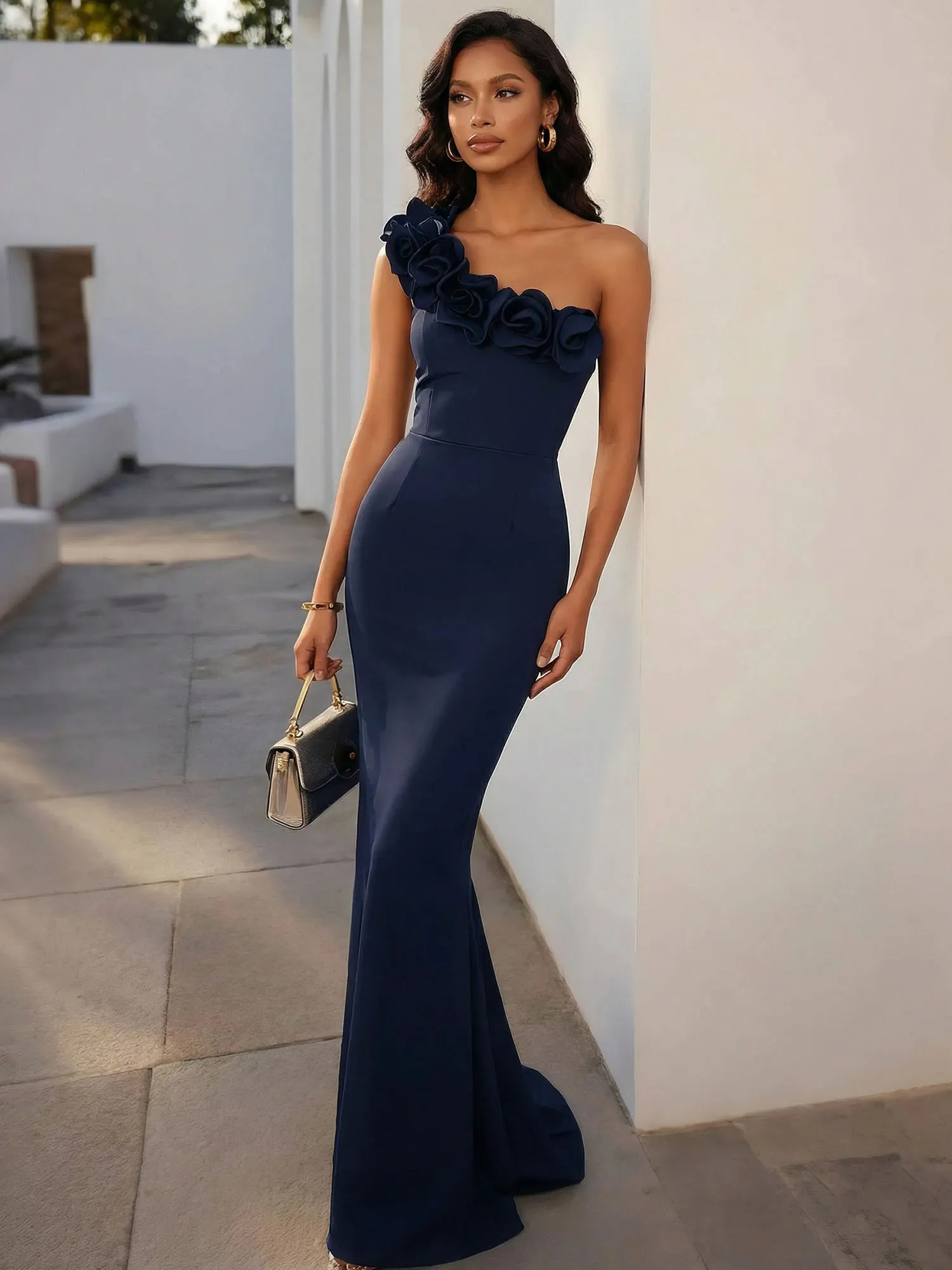 One-Shoulder 3D Floral Mermaid Evening Gown