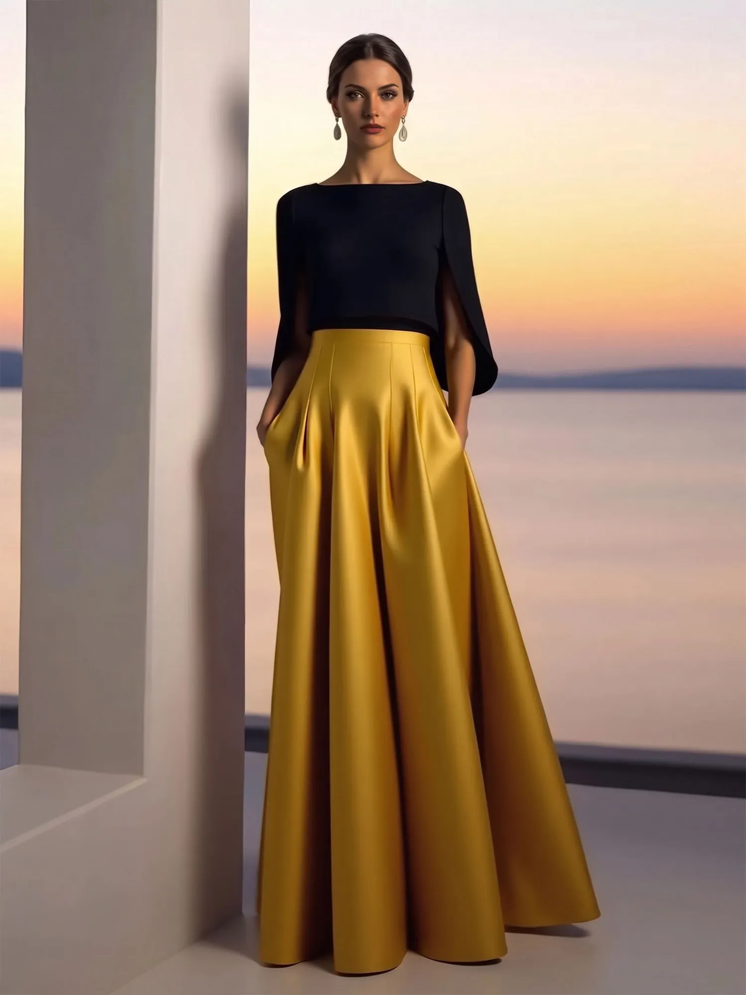 Two-Piece Cape Sleeve Satin Ball Gown Evening Dress
