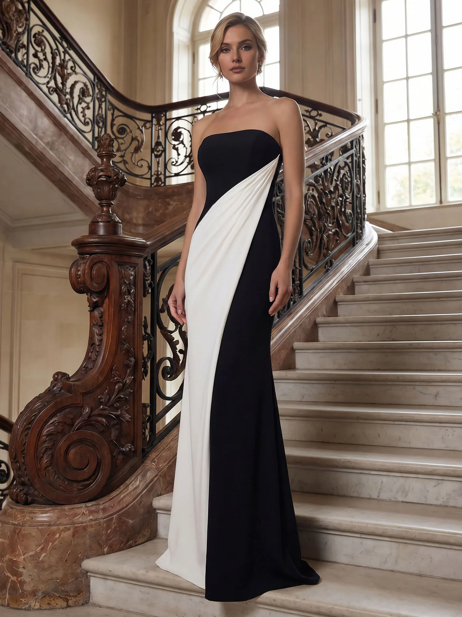 Strapless Two-Tone Draped Mermaid Evening Gown