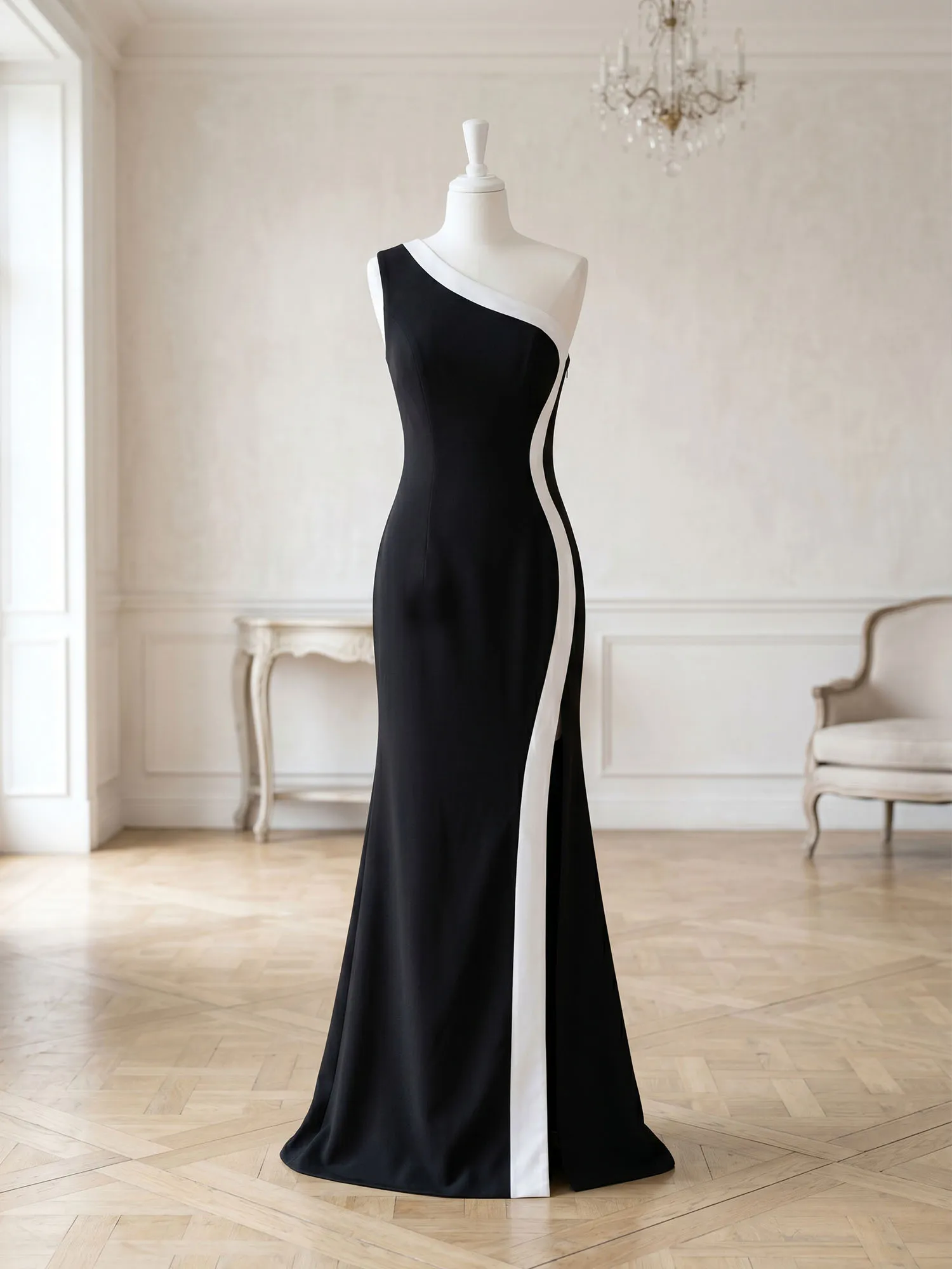 One-Shoulder Color-Block Slit Mermaid Evening Gown
