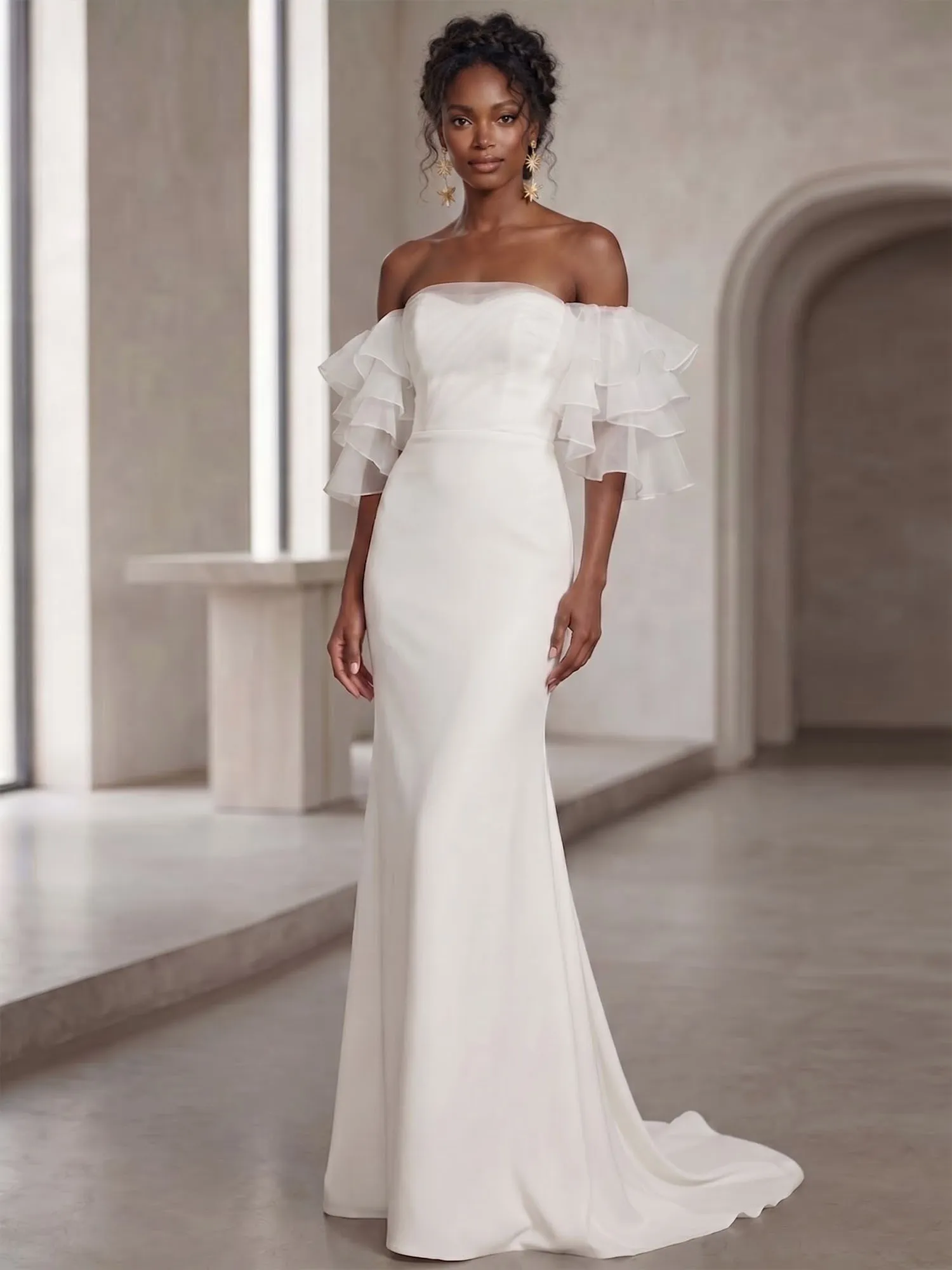 Off-the-Shoulder Tiered Organza Sleeve Mermaid Evening Gown